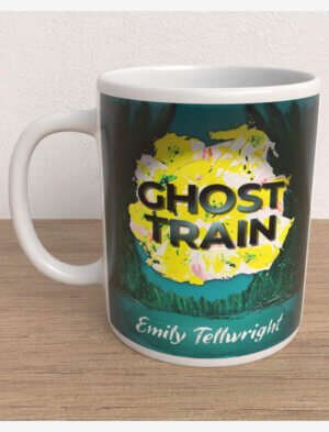 A Ceramic mug featuring the cover of Emily Tellwright's novel Ghost Train