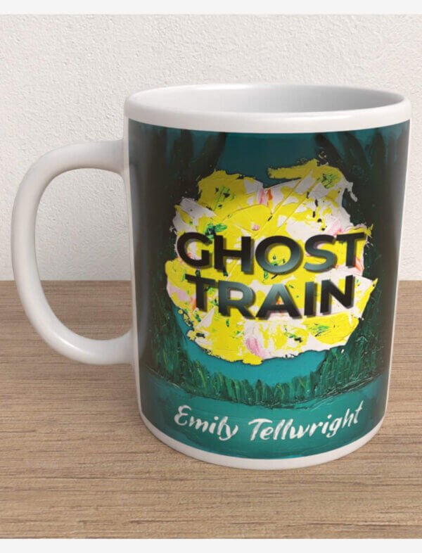 A Ceramic mug featuring the cover of Emily Tellwright's novel Ghost Train
