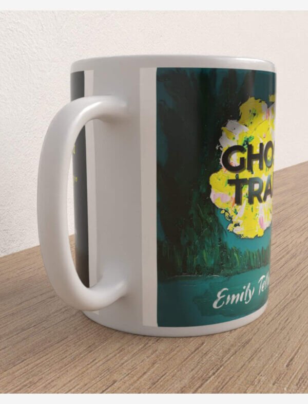 A Ceramic mug featuring the cover of Emily Tellwright's novel Ghost Train