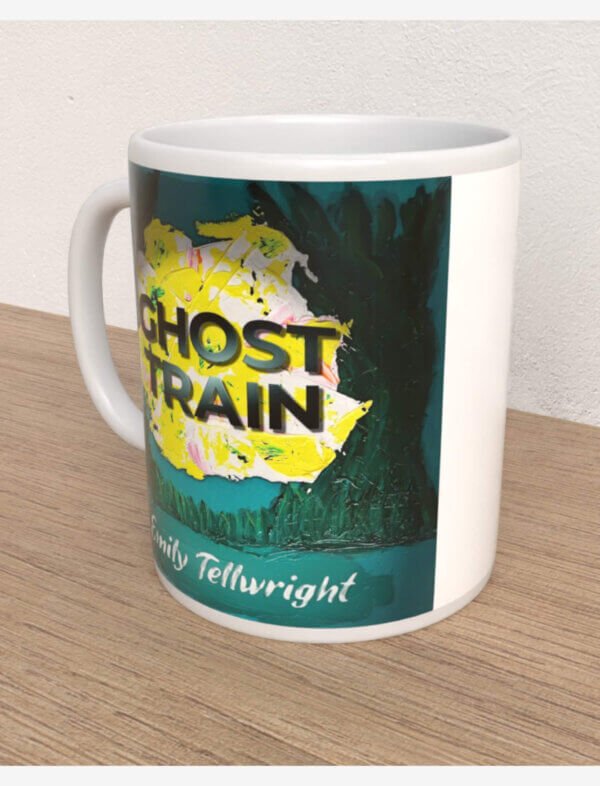 A Ceramic mug featuring the cover of Emily Tellwright's novel Ghost Train