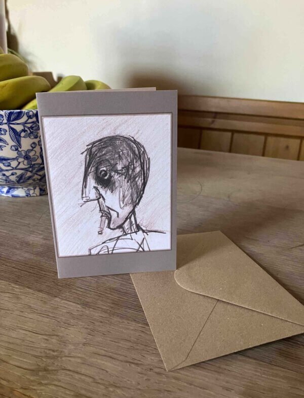 Greetings Card showing a pencil drawing of a man smoking.