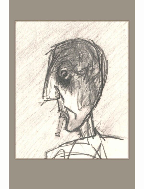Greetings Card showing a pencil drawing of a man smoking.