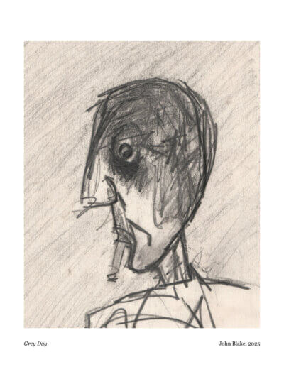 Grey Day Art Print: a pencil drawing of a man smoking.