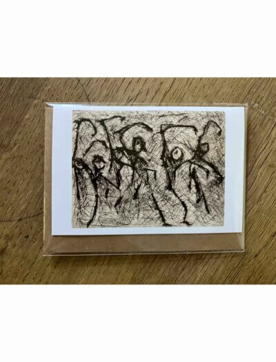 Greetings card showing a Scraperfoil print of dancing stick figures