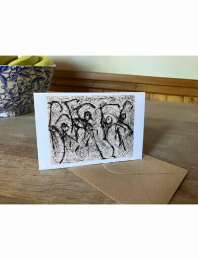 Greetings card showing a Scraperfoil print of dancing stick figures