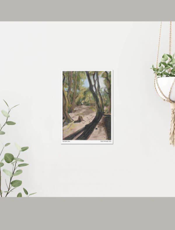 Pastel drawing of a path through a wood in summer.