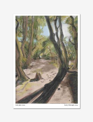 Pastel drawing of a path through a wood in summer.