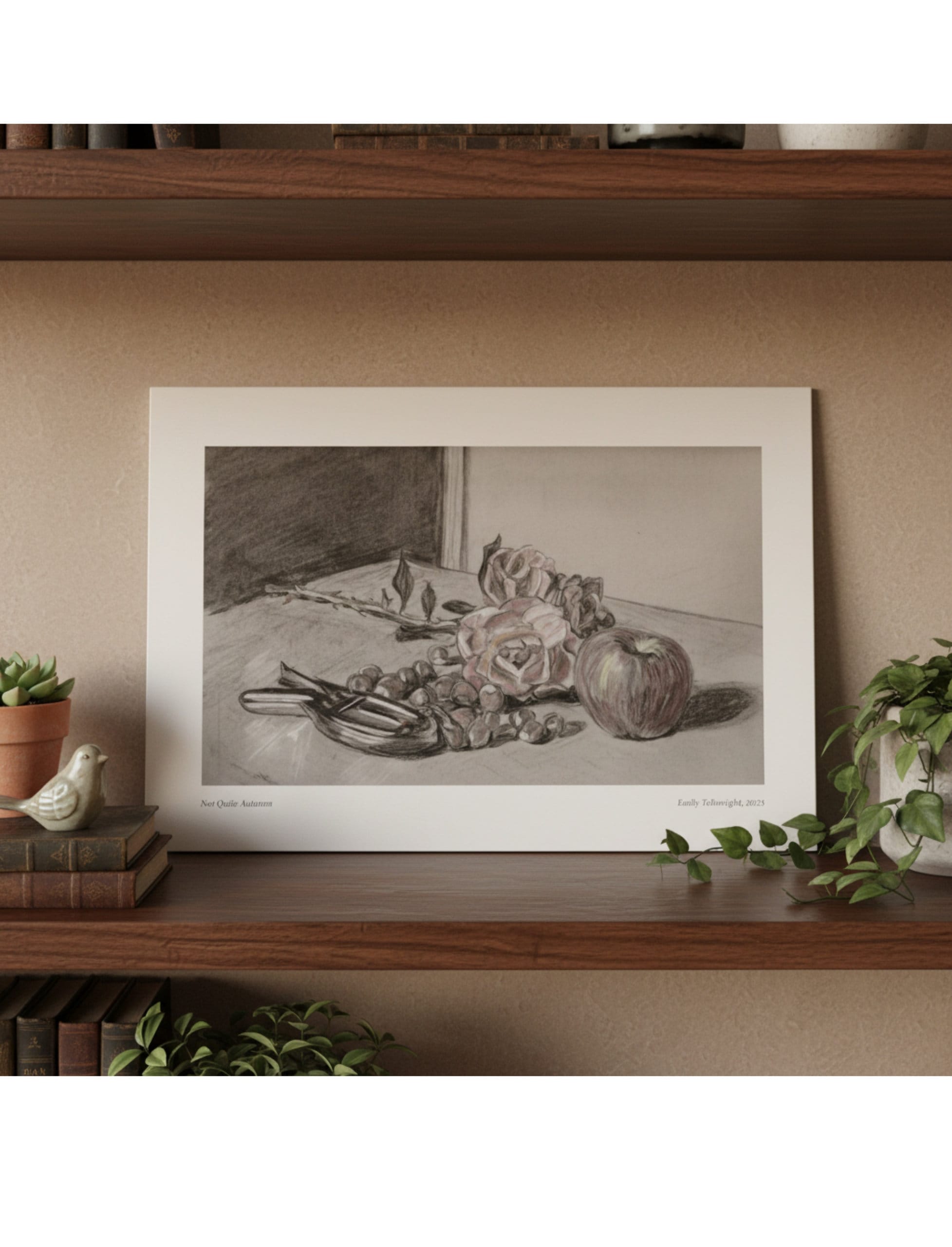 Not Quite Autumn Art Print Still Life on shelf with plants and ornaments
