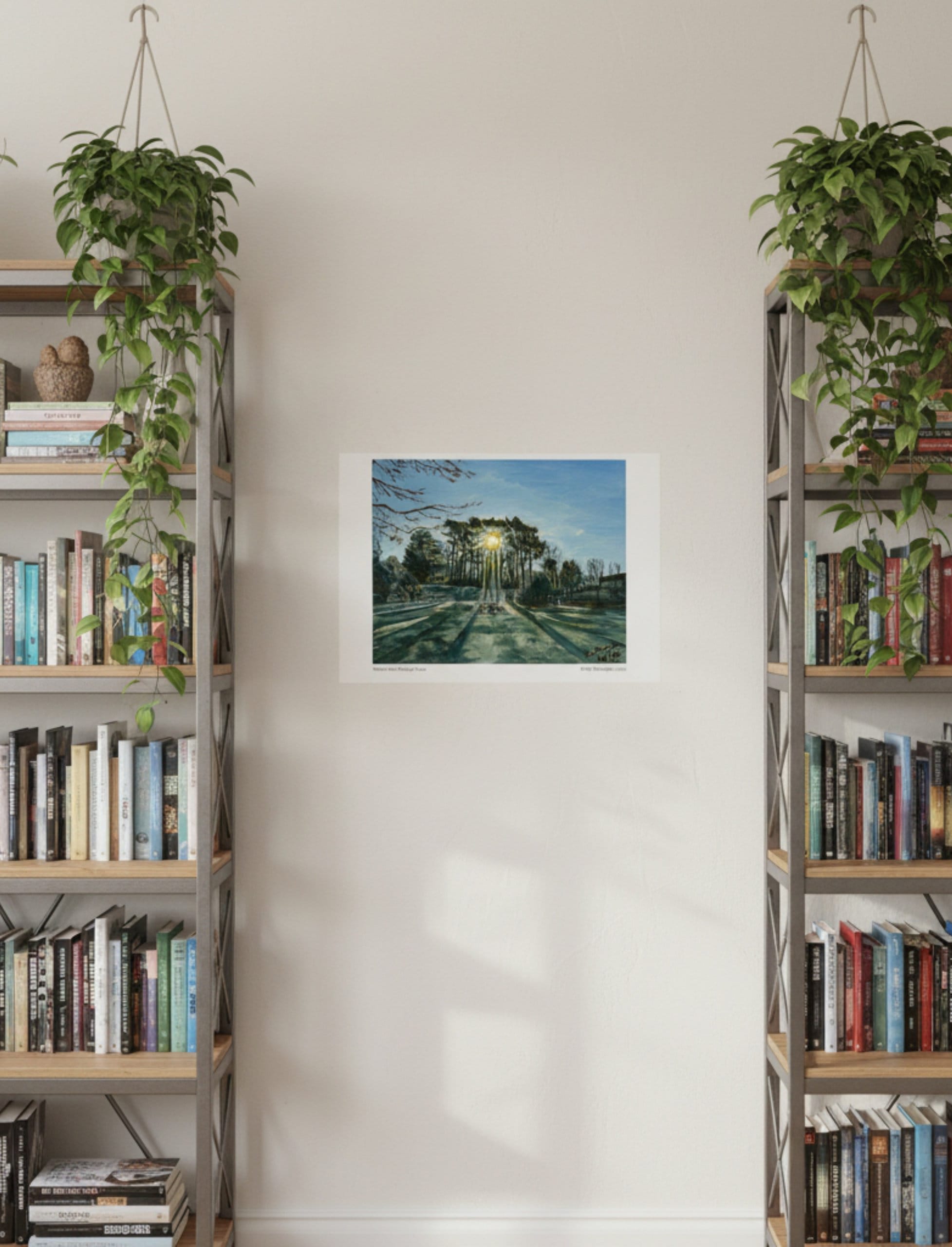 Winter Sun Through Trees Art Print shown on a cream wall between bookshelves with plants