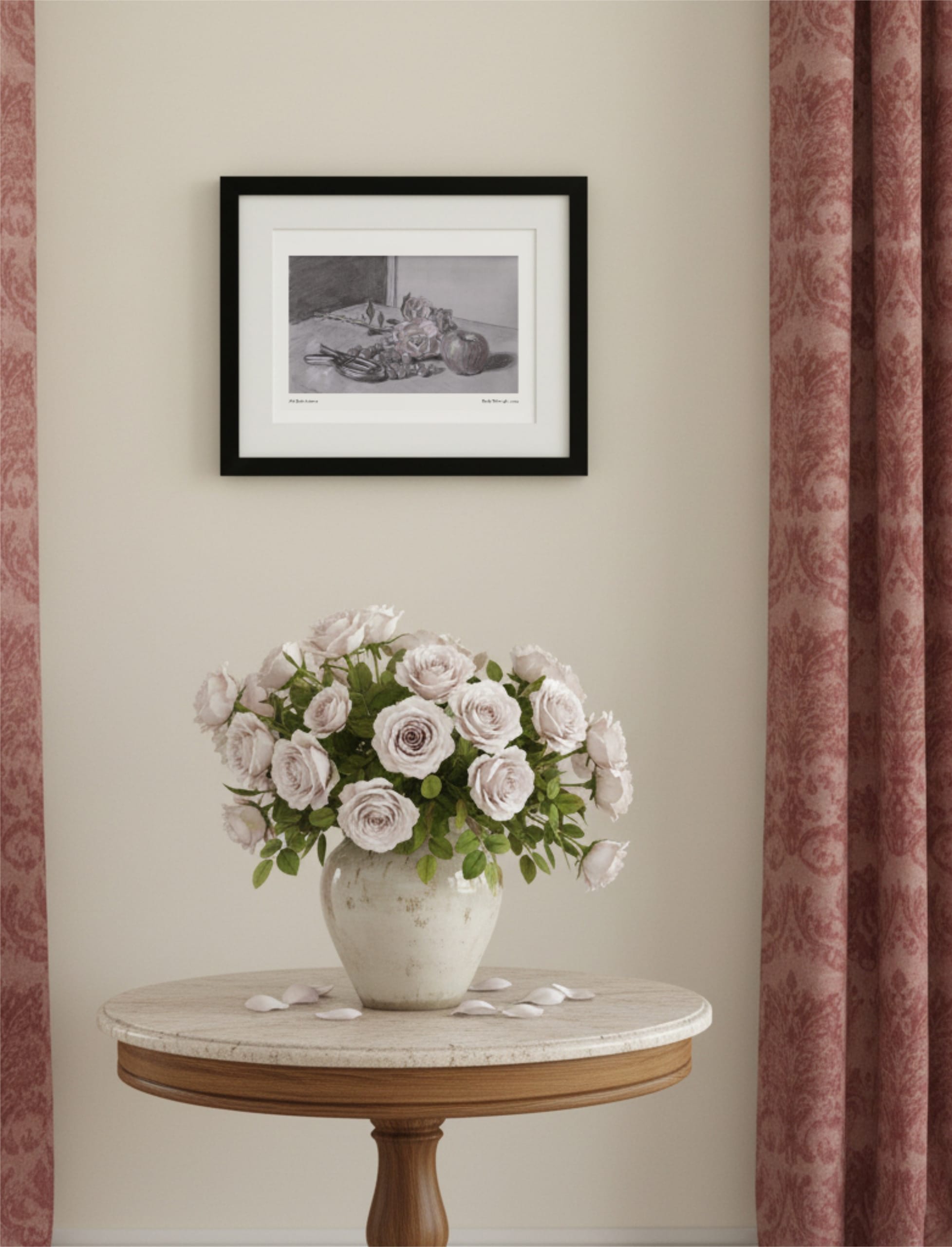 Not Quite Autumn Framed Art Print between red curtains above a table with a bowl of pink roses