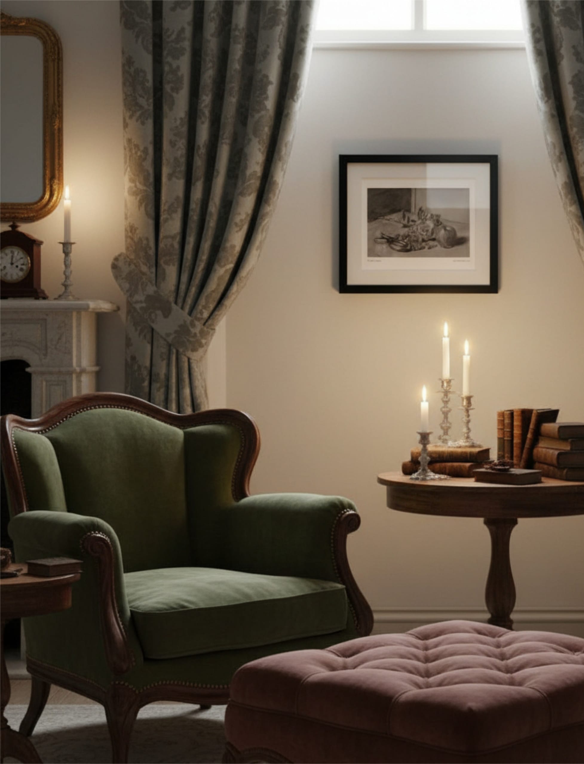 Not Quite Autumn Framed Art Print in an antique style room with green chair and table with candles