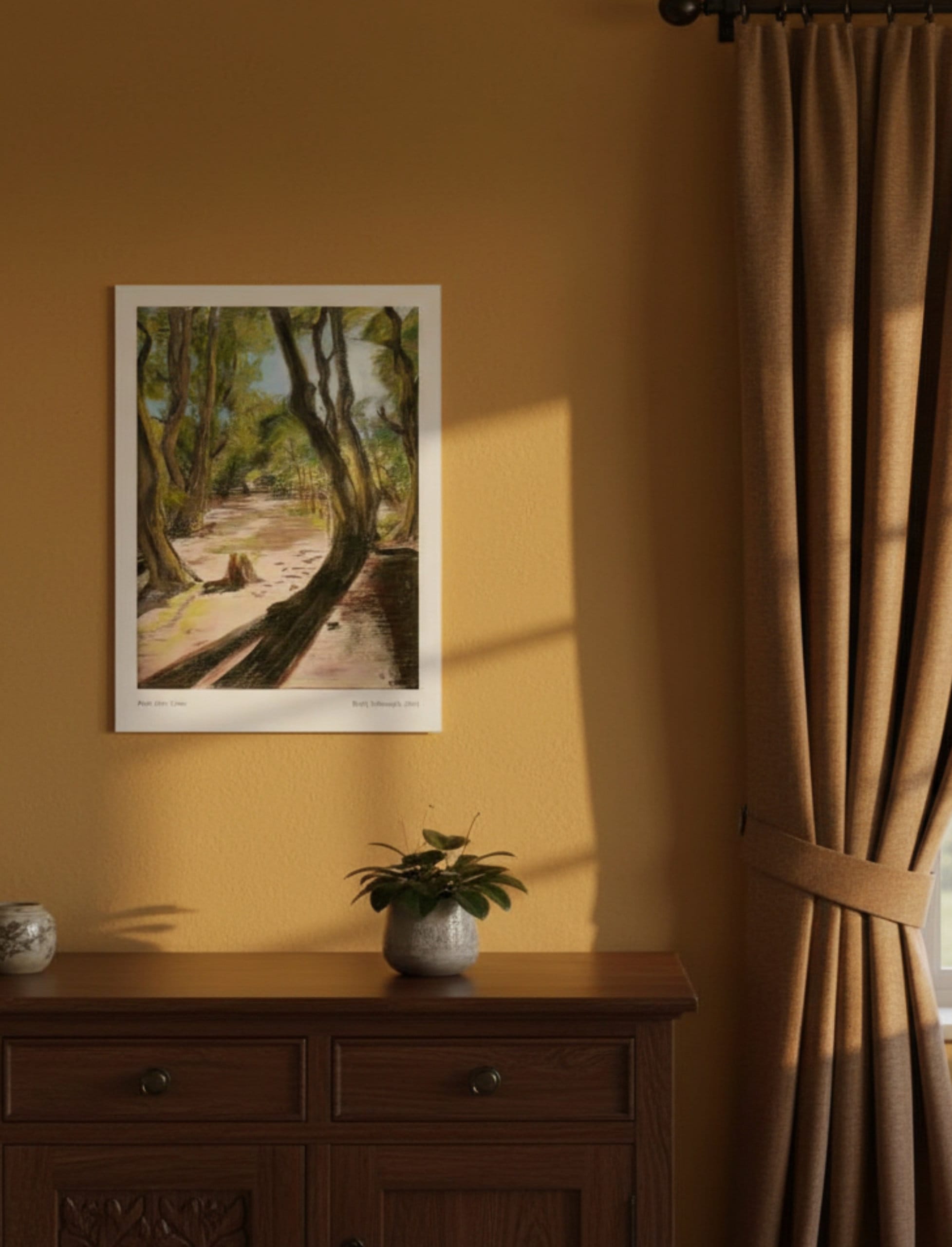 Path After Lines Art Print Summer Landscape on a yellow wall next to gold curtains
