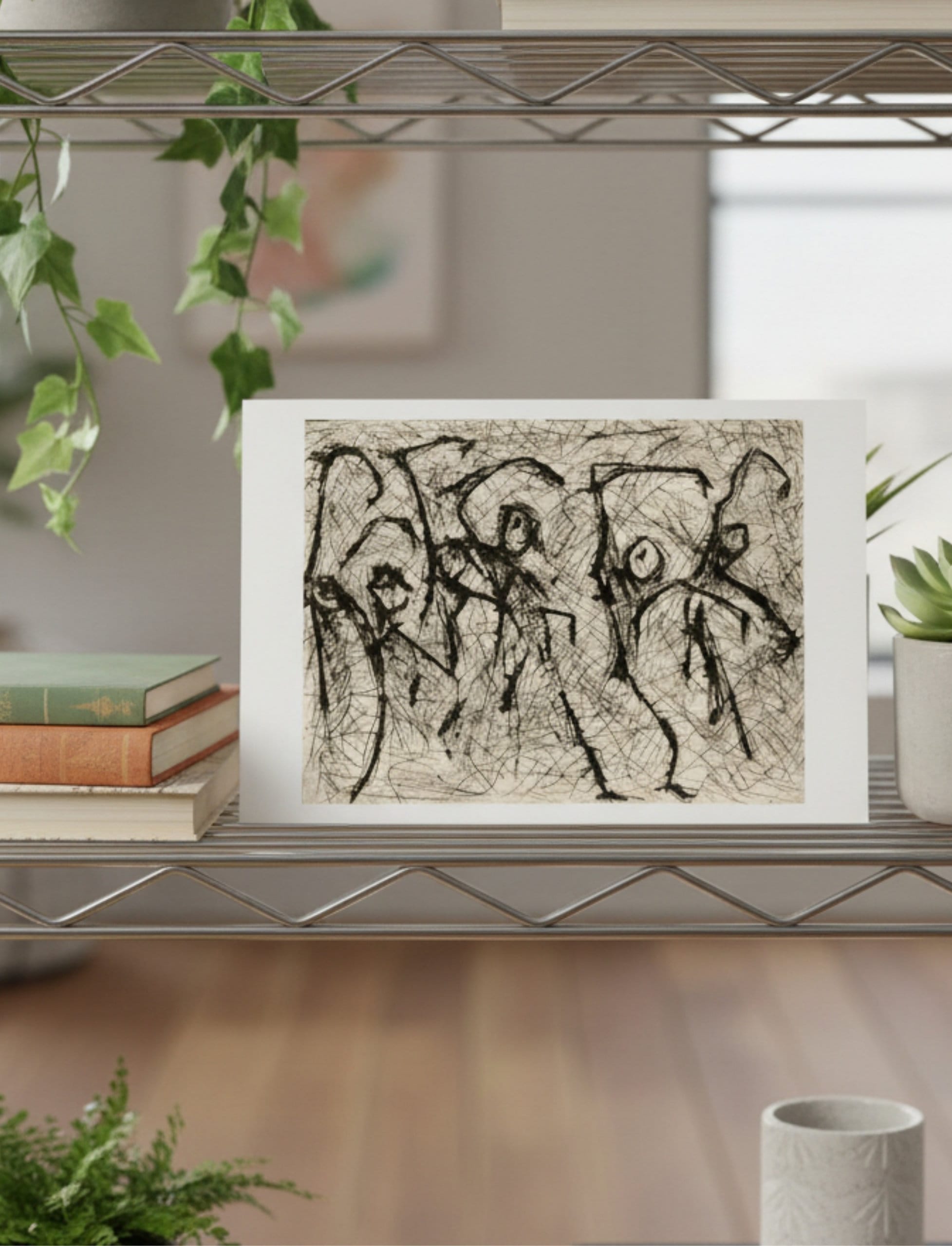 Heterodox waltz greetings card on a metal shelf with books and plants
