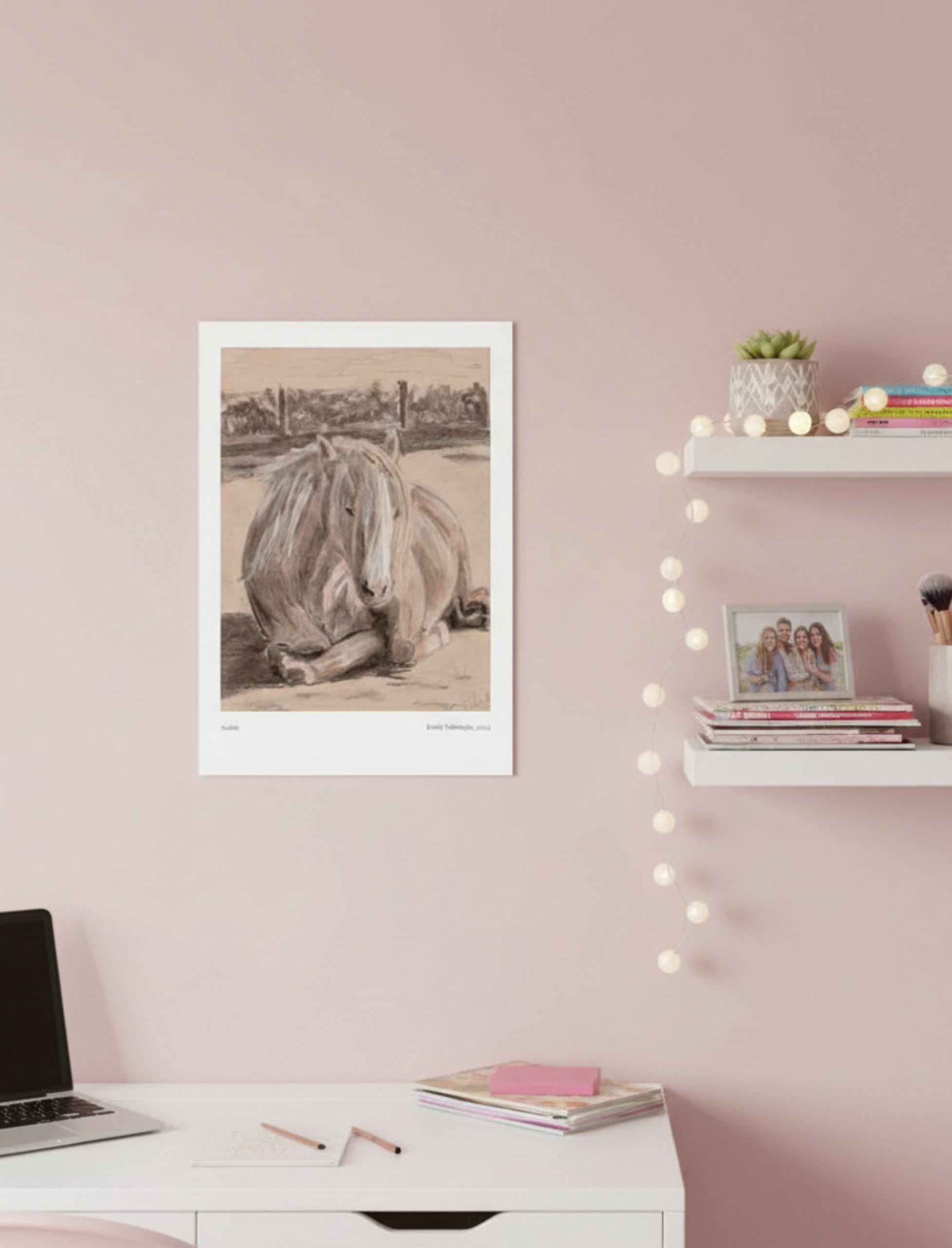 Goldie the Palomino Art Print on a pink wall next to a shelf with fairy lights