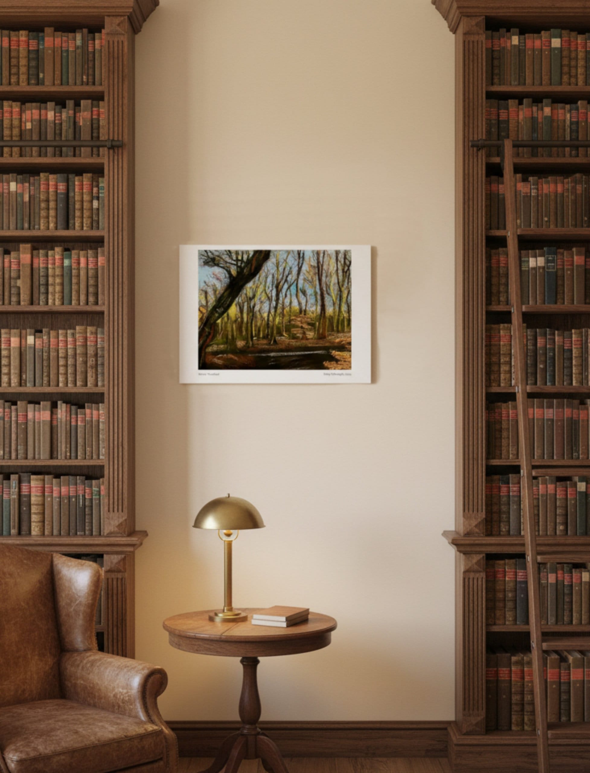 Winter Woodland Art Print displauyed between old-fashioned bookshelves