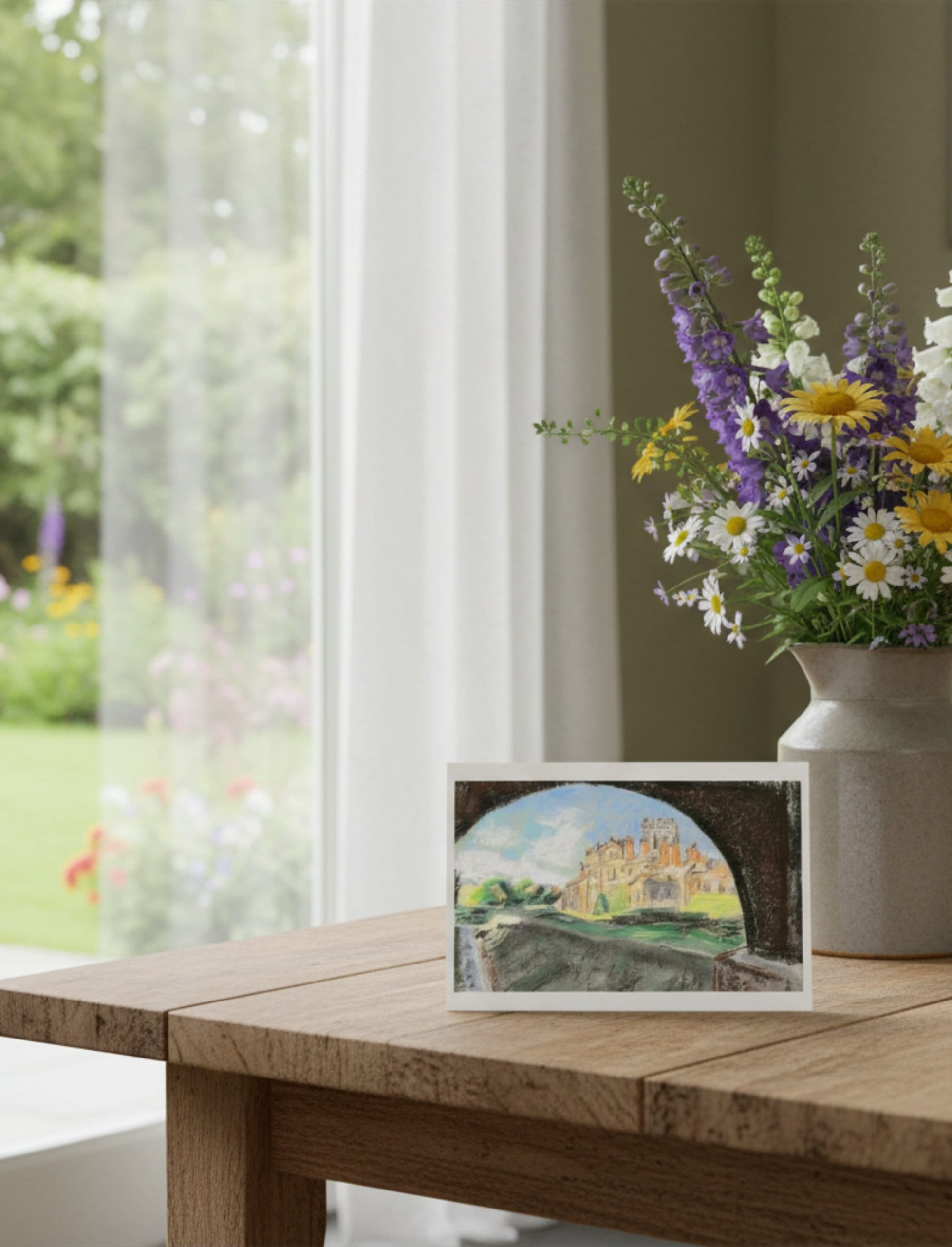 Biddulph Grange Garden Greetings Card a pastel drawing by Emily Tellwright displayed on a table with a vase of flowers
