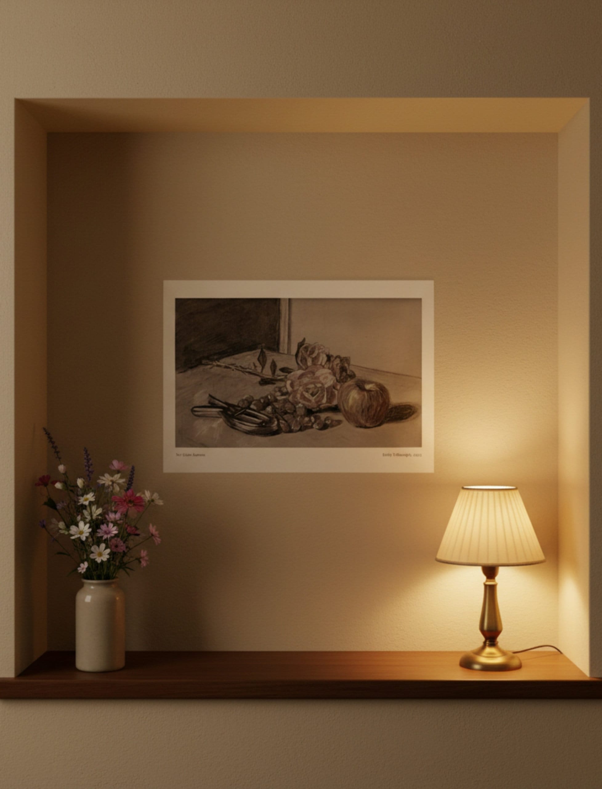 Not Quite Autumn Art Print Still Life by Emily TEllwright on wall in an alcove with lamp and flowers