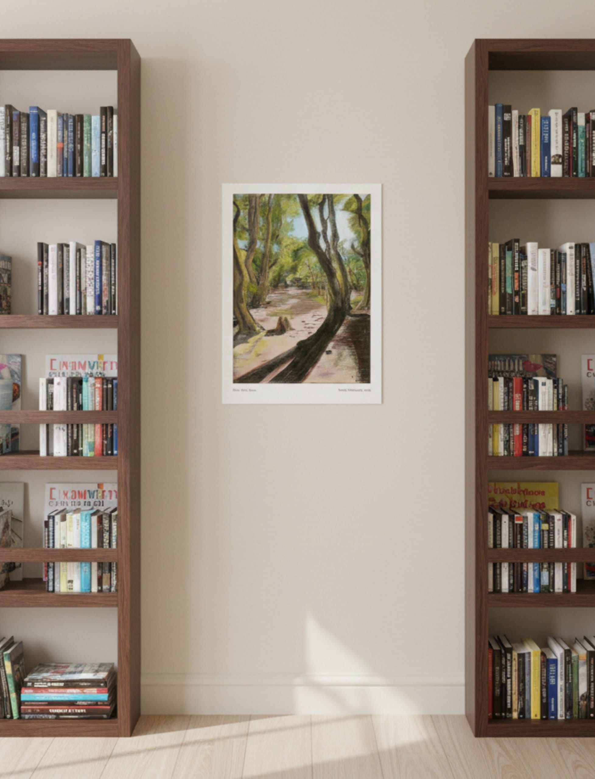 Path After Lines Art Print Summer Landscape on a cream wall between bookcases