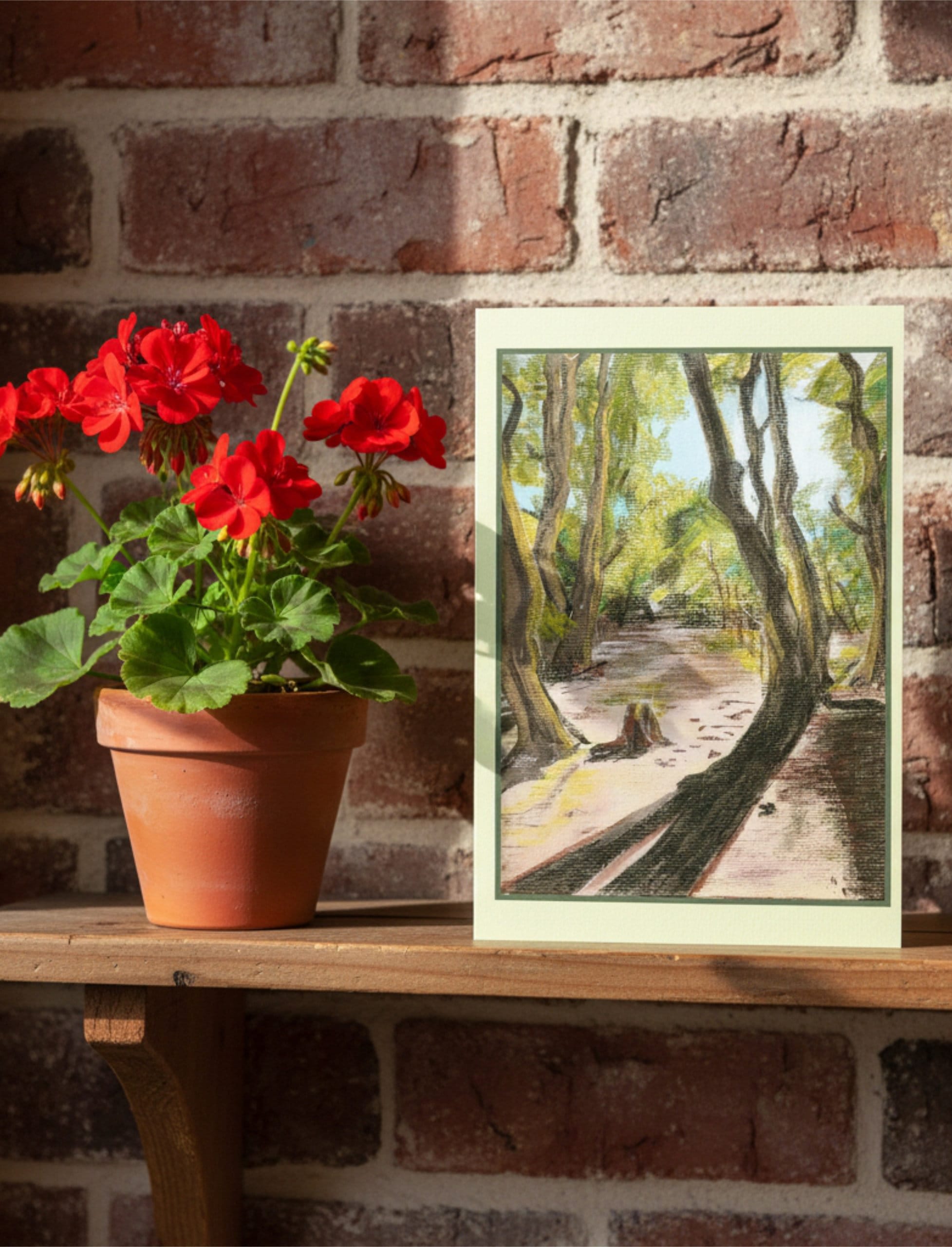 Path After Lines greetings Card with red pelargonium