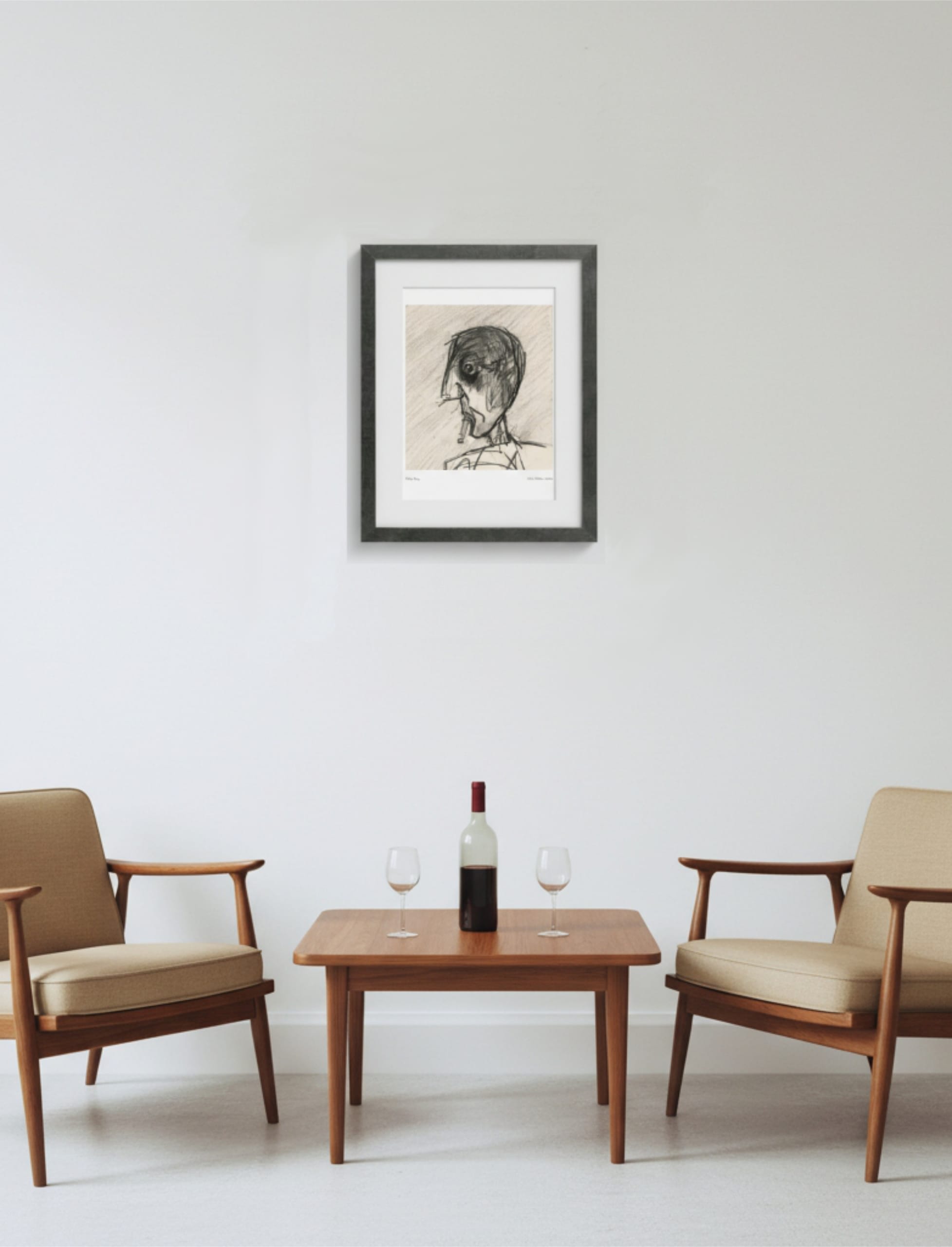 Grey Day Framed Art Print on wall above a coffee table and chairs with bottle of wine