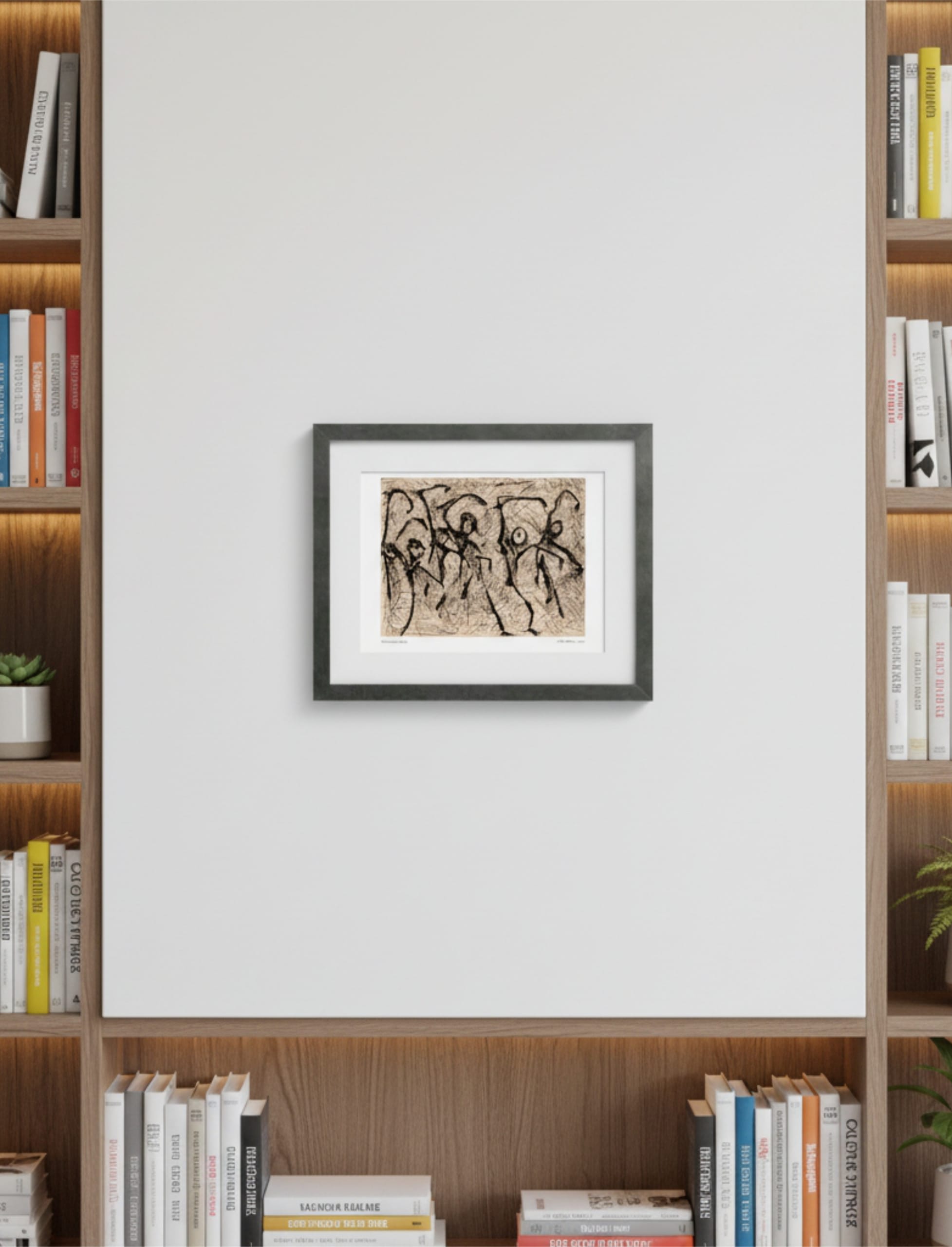 Heterodox Waltz framed art print between bookcases