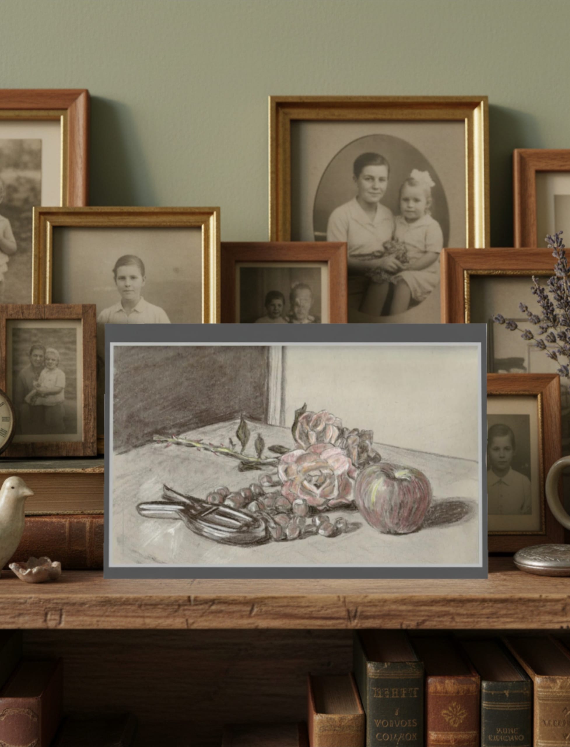 Not Quite Autumn Greetings Card on a shelf with old family photos