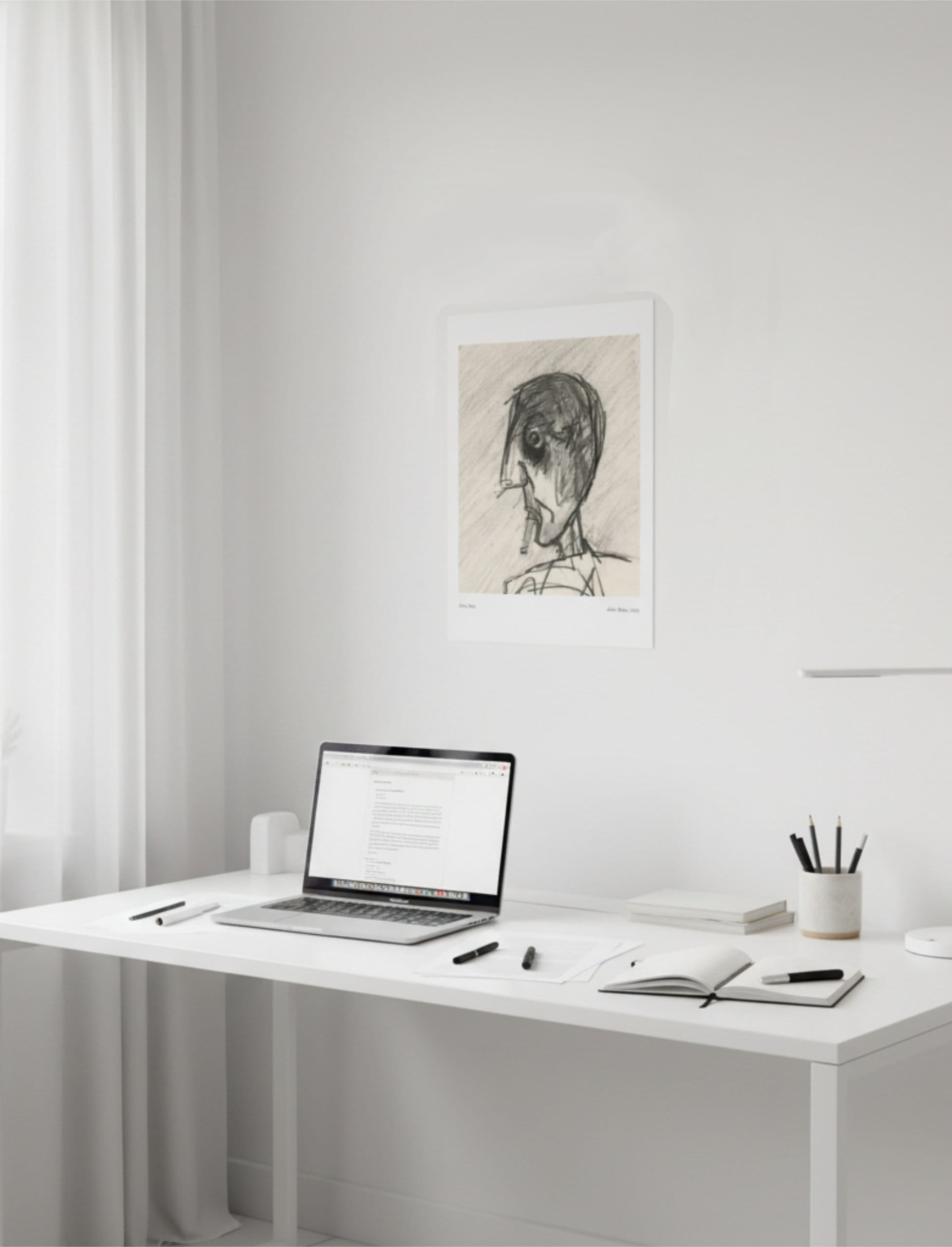 Grey Day Art Print A4 above a desk with laptop and lamp