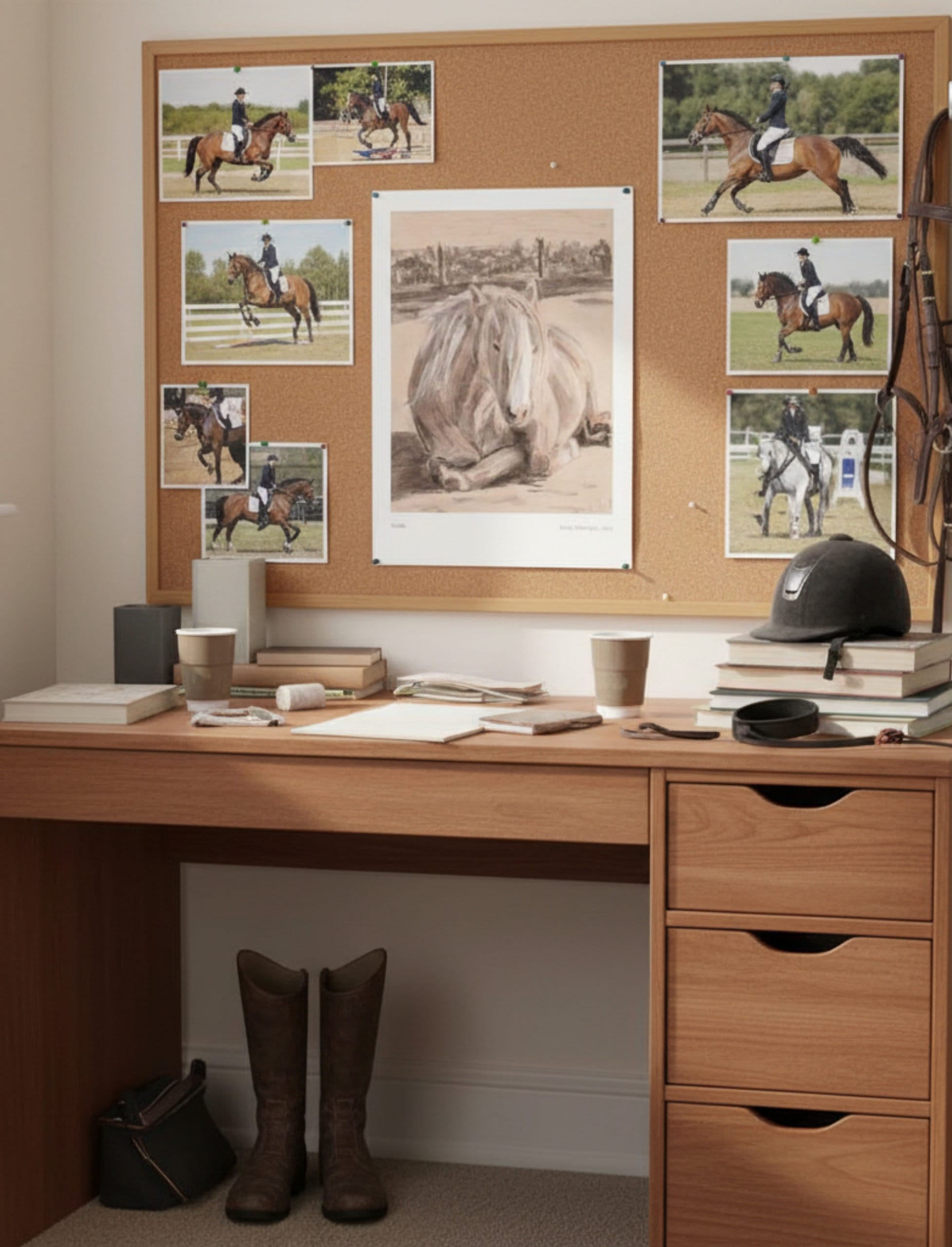 Goldie the Palomino Art Print on a pinboard with horse photos above a desk