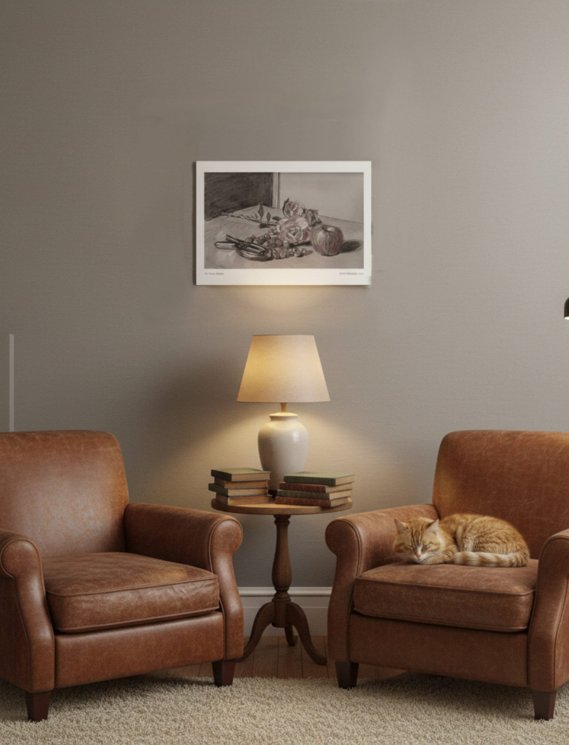 Not Quite Autumn Art Print Still Life by Emily TEllwright on wall above leather arm chairs and side table with lamp