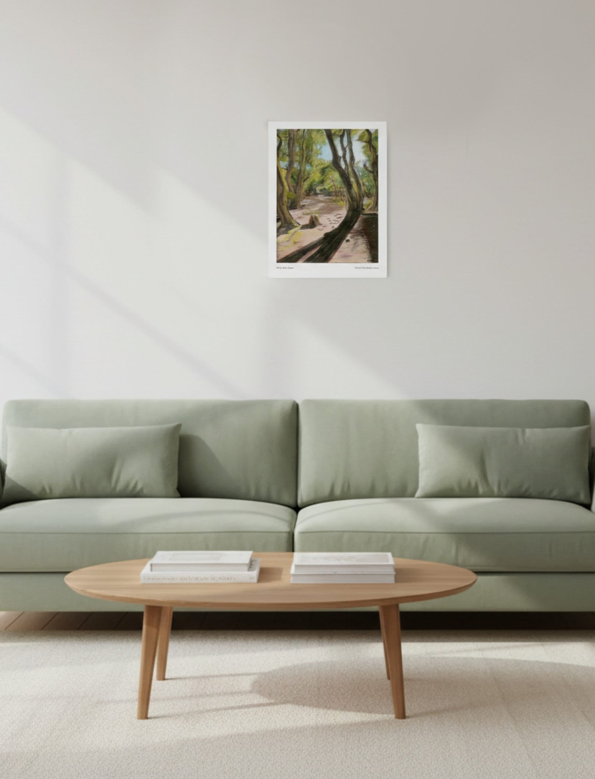 Path After Lines Art Print Summer Landscape on a cream wall above a green sofa