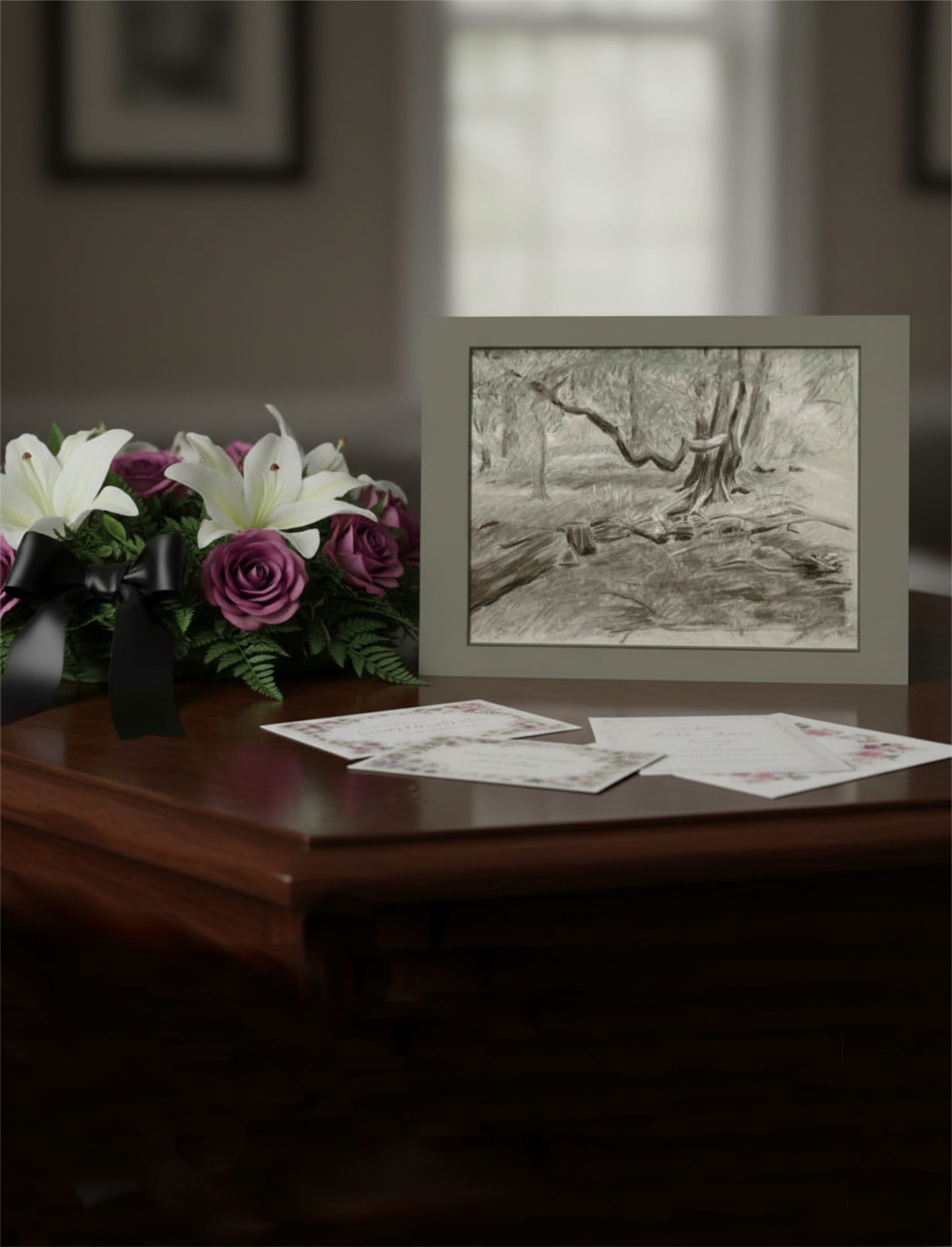 Turners View Greetings Card displayed on a table with a wreath of lilies and memorial cards