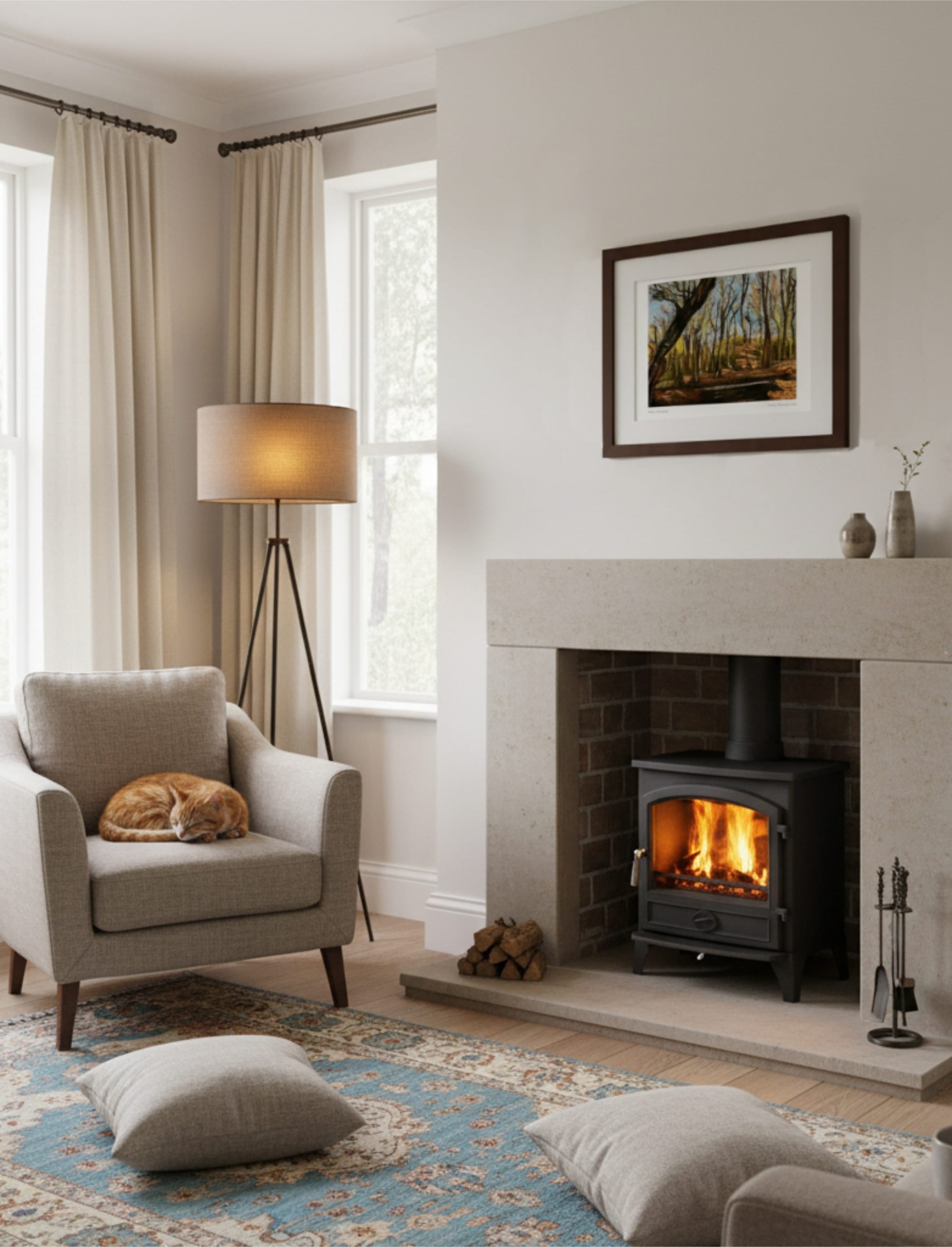 Winter Woodland Framed Art Print above a fire in a fireplace with a cat asleep in a chair and a standard lamp