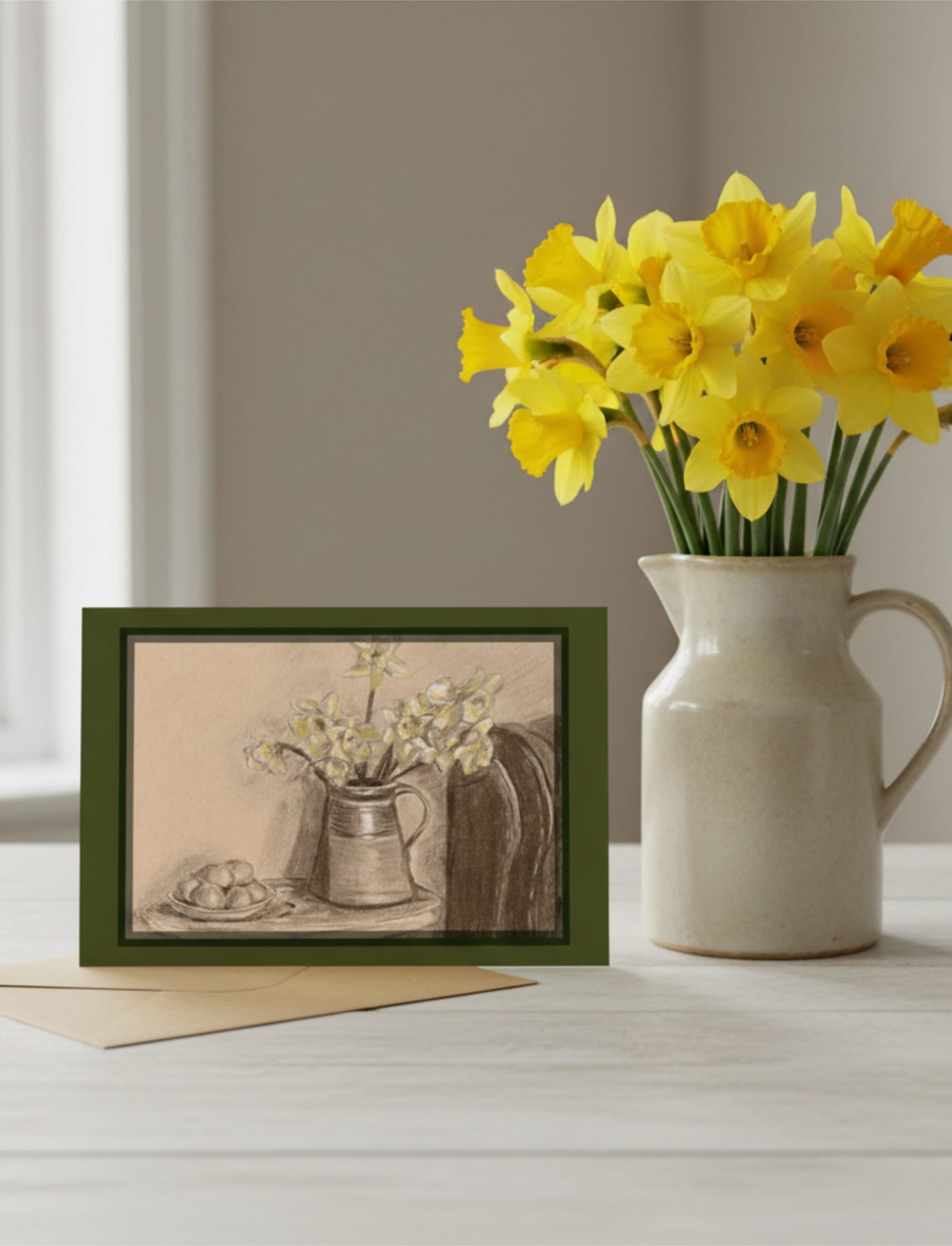 April Still Life Greetings Card on a table with a jug of daffodils