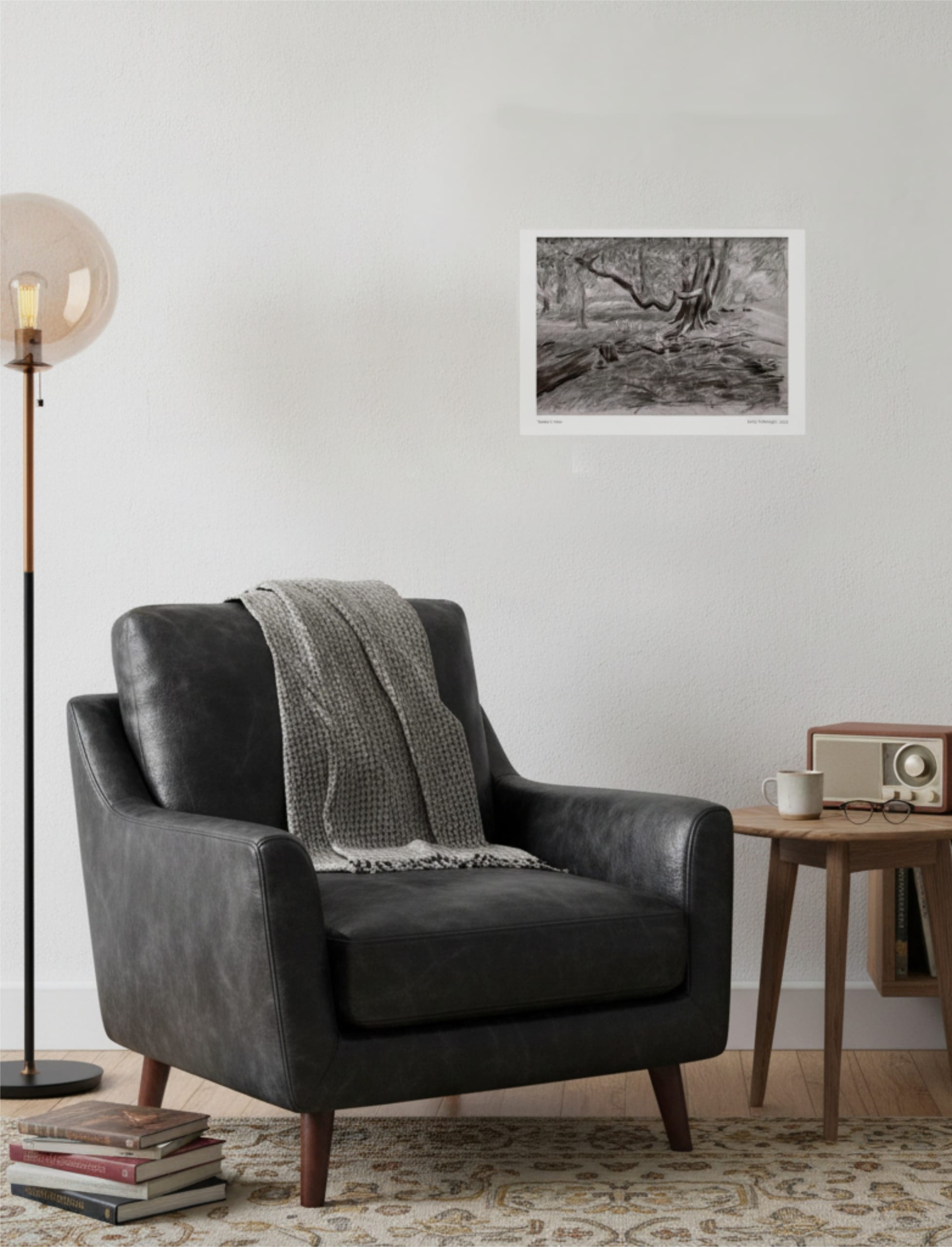 Turner's View Art Print abovea chair with rug, standard lamp and side table with radio