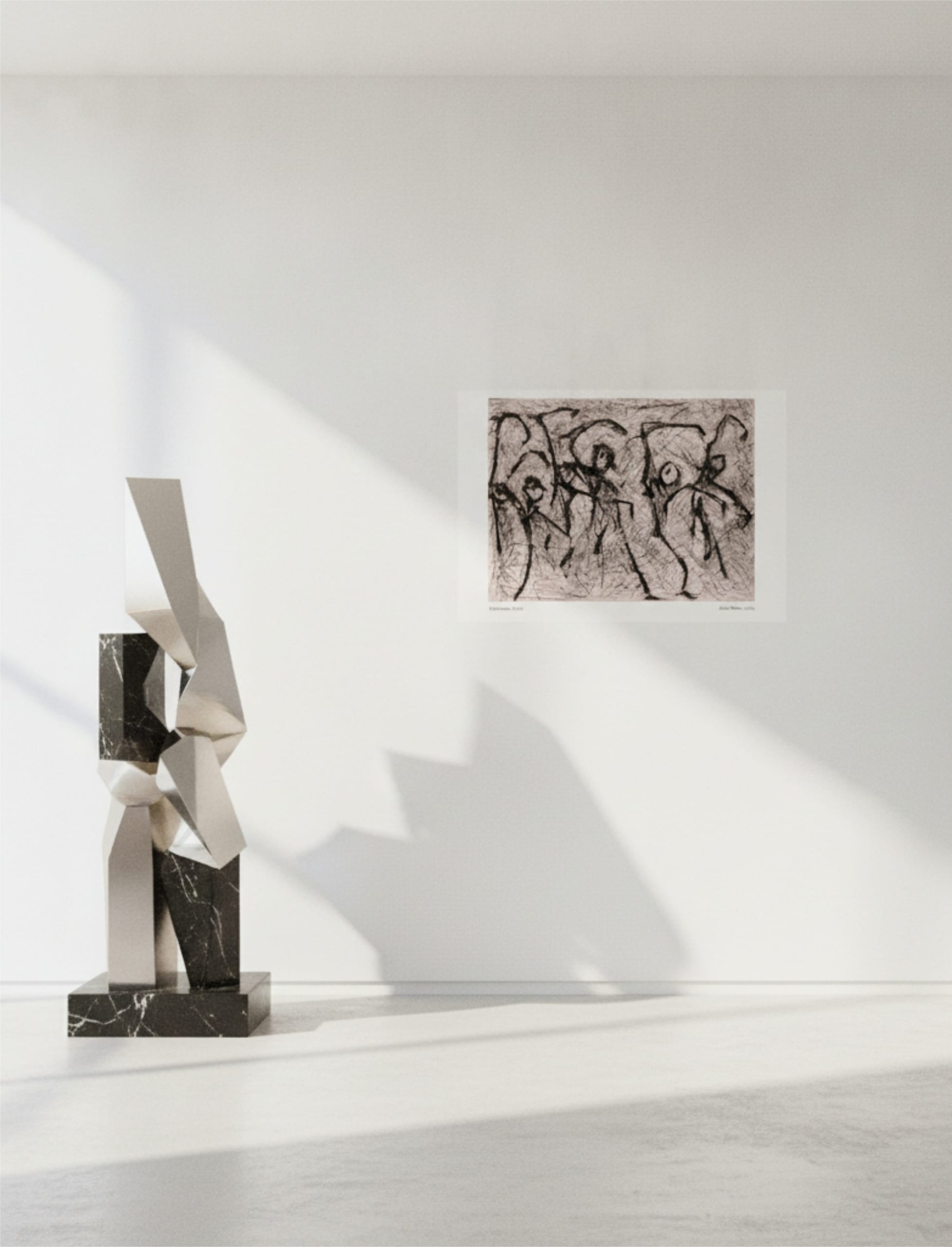 Heterodox Waltz Art Print next to a modern sculpture