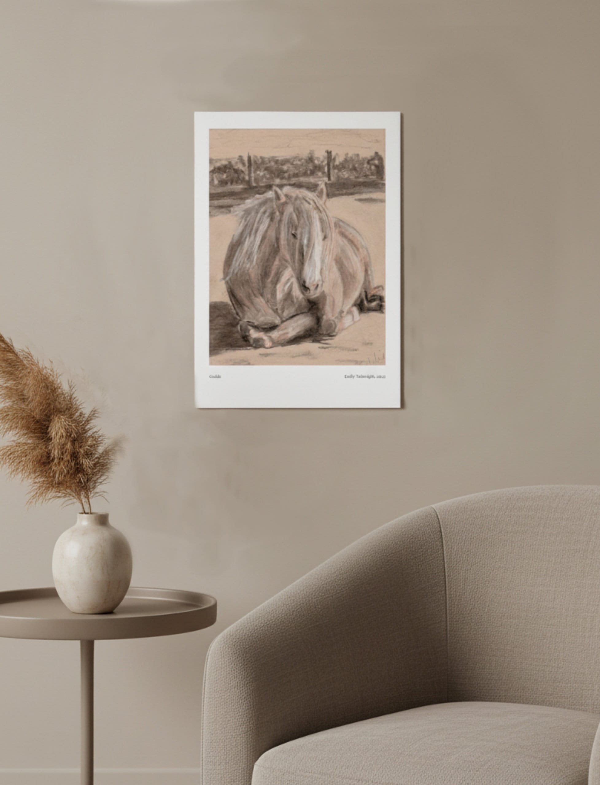 Goldie the Palomino Art Print on a neutral wall above a chair and side table