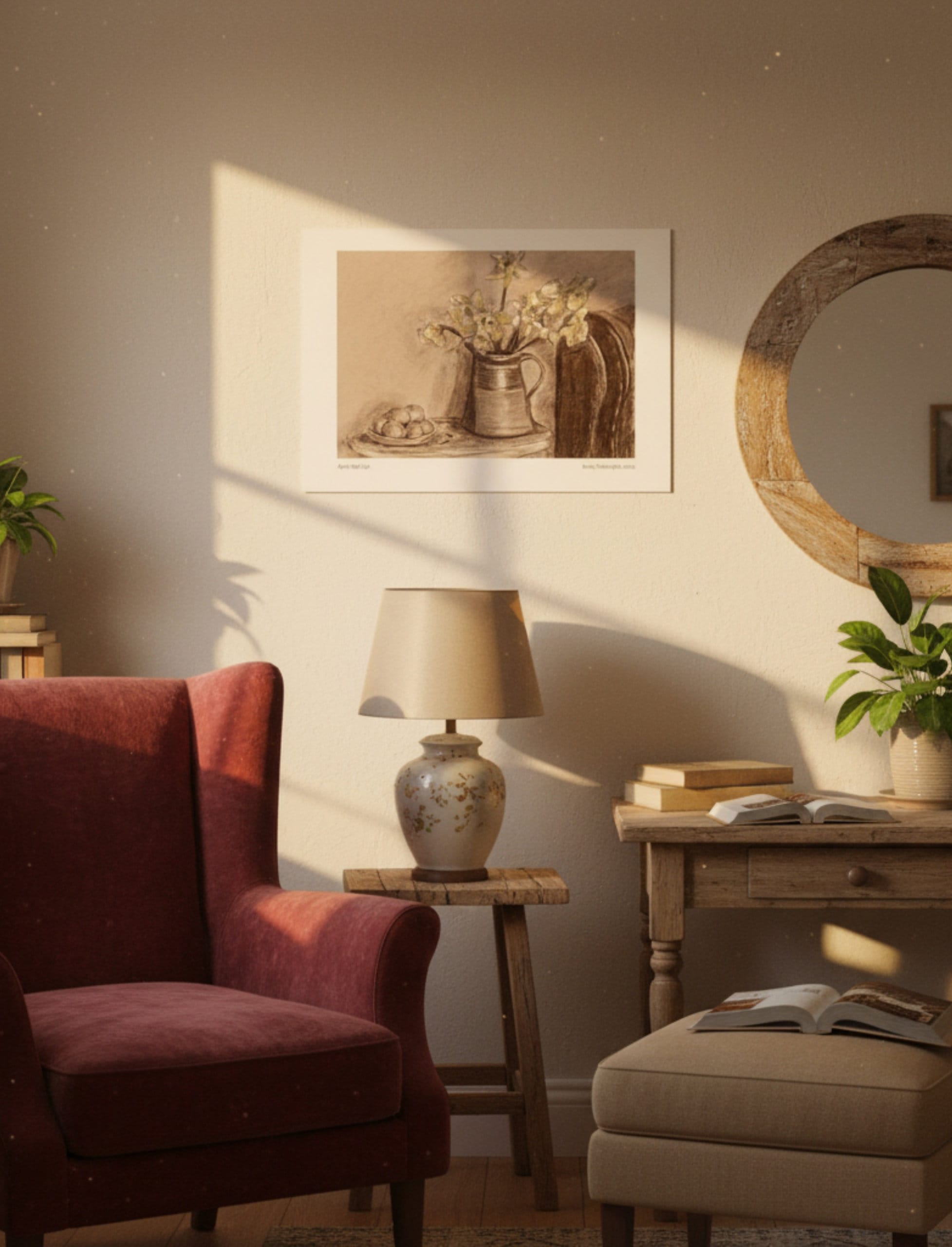 April Still Life Art Print in a cottage style interior with mirror, table lamp and red archair