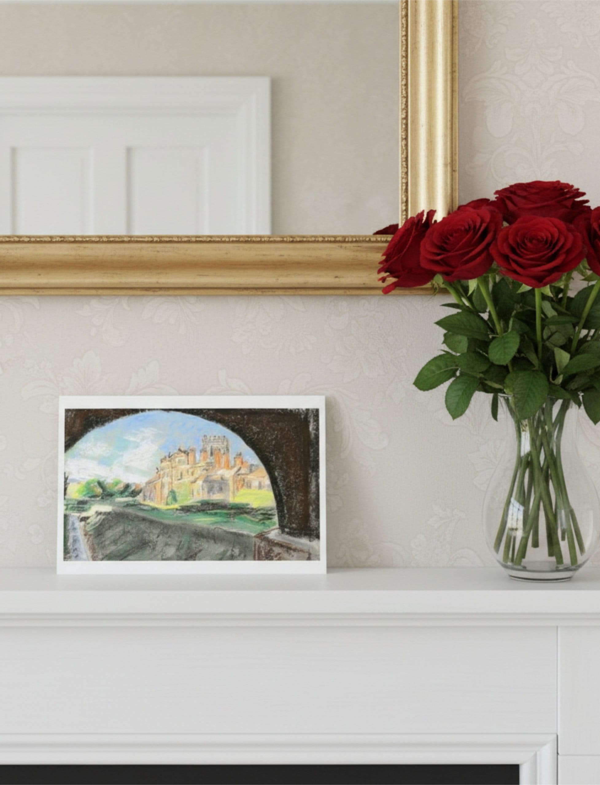 Biddulph Grange Garden Greetings Card a pastel drawing by Emily Tellwright on a mantelpiece with red roses