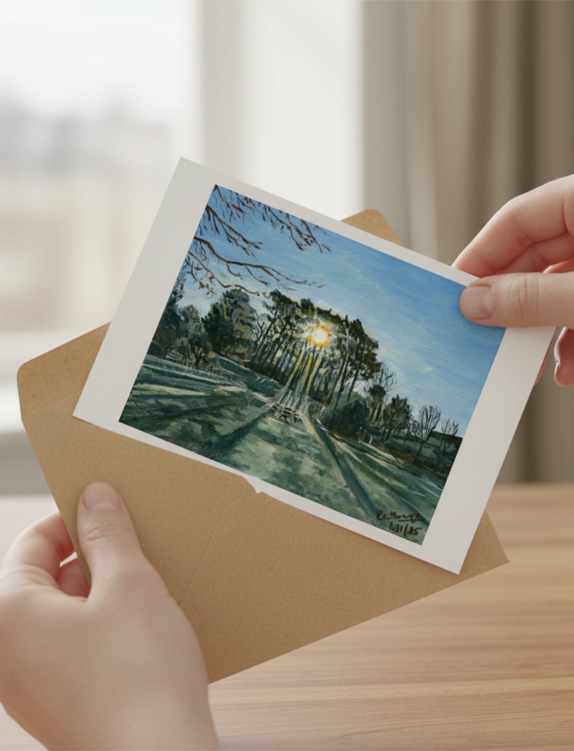 Winter Sun Through Trees Greetings Card