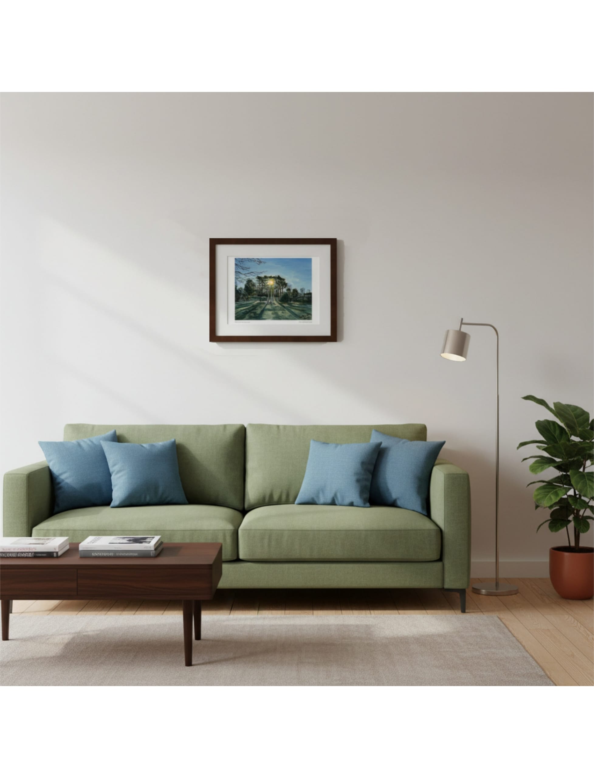 Winter Sun Through Trees Framed Art Print on the wall above a green sofa with blue cushions