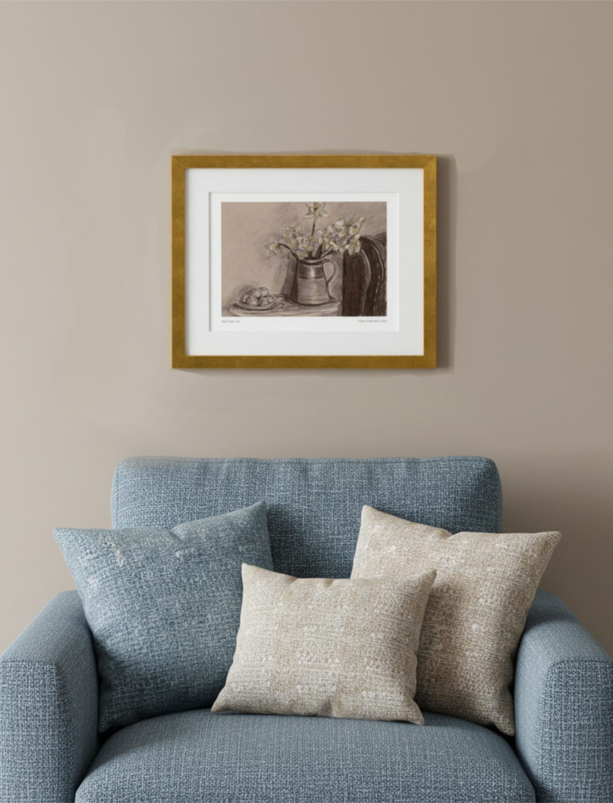 April Still Life Framed Art Print above a blue armchair with cushions