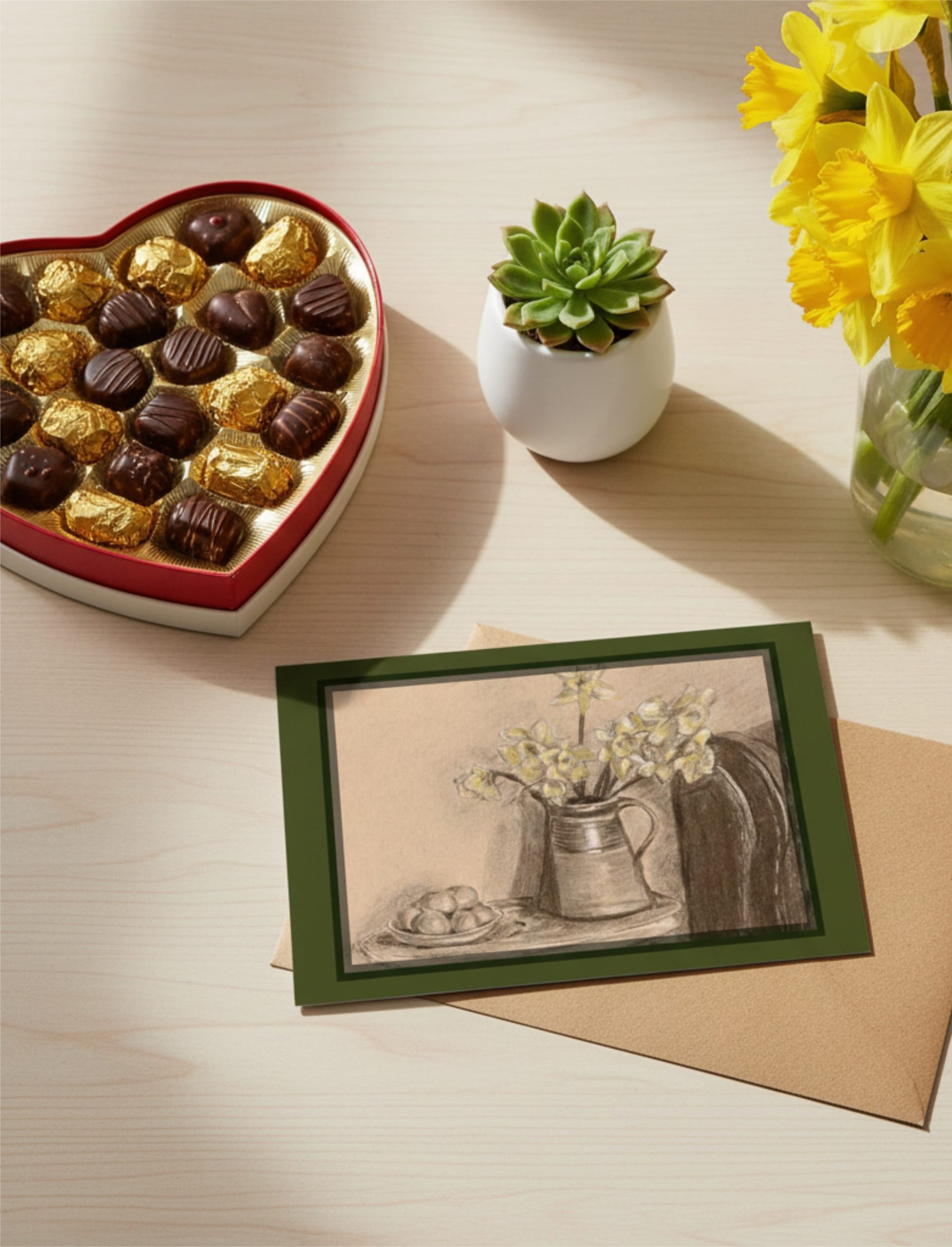 with chocolates, daffodils and a cactus