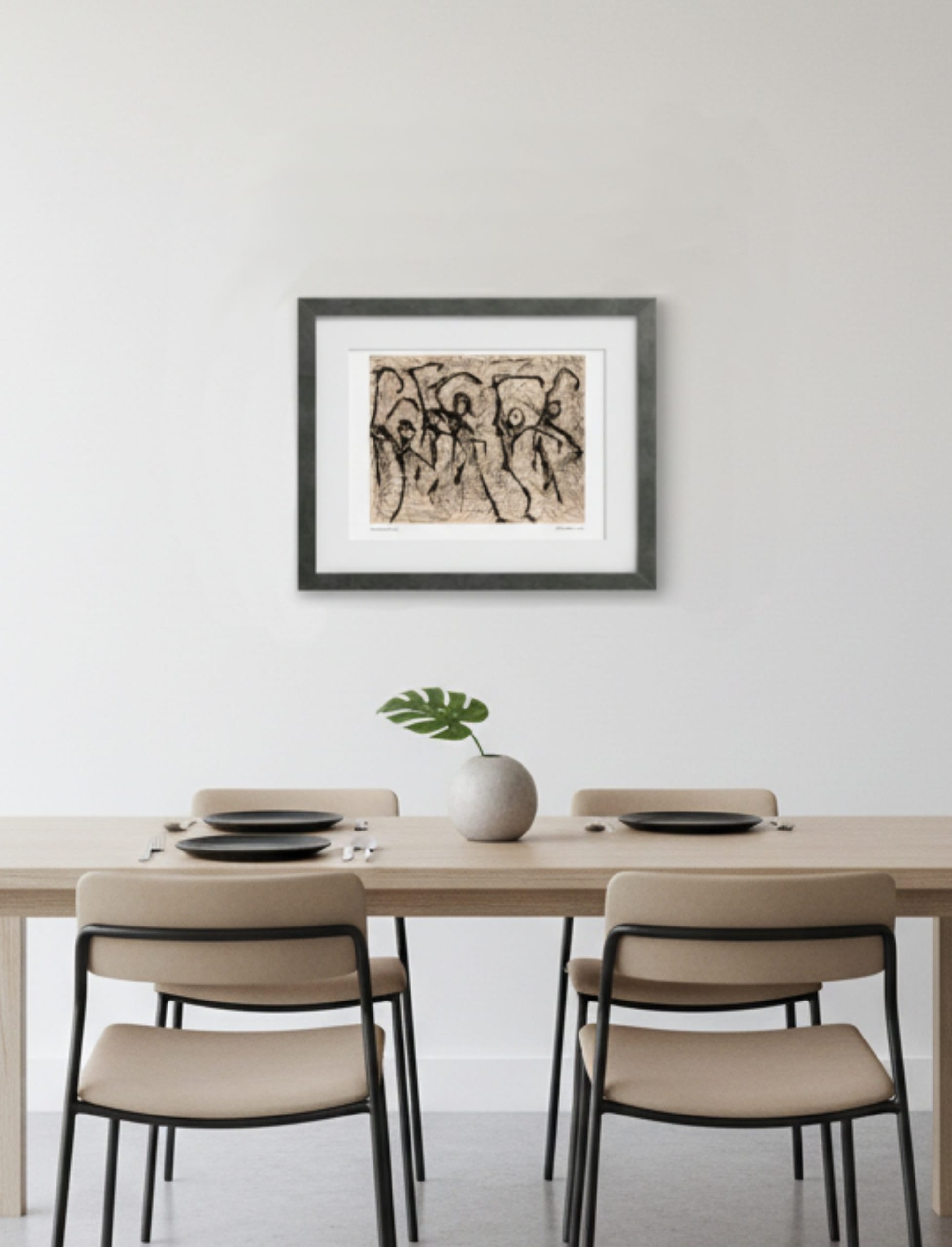 Heterodox waltz framed art print above a modern dining table and chairs