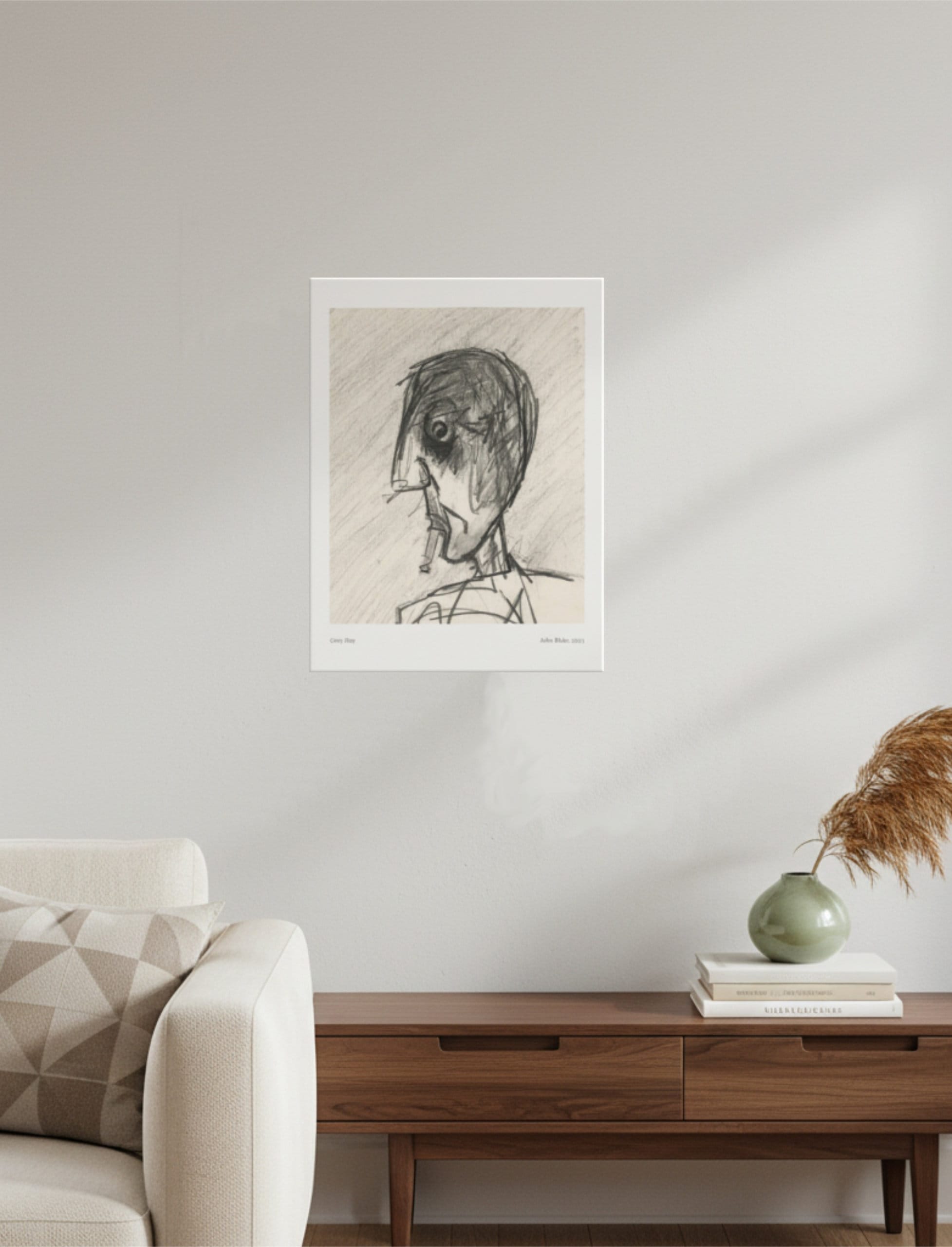 Grey Day Art Print A4 above a sideboard and comfy chair