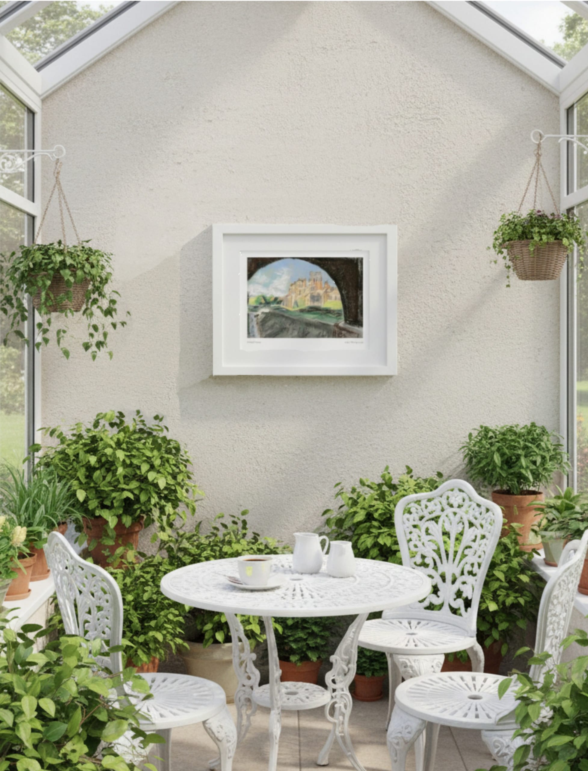 Biddulph Grange Garden Framed Art Print on a conservatory wall with plants