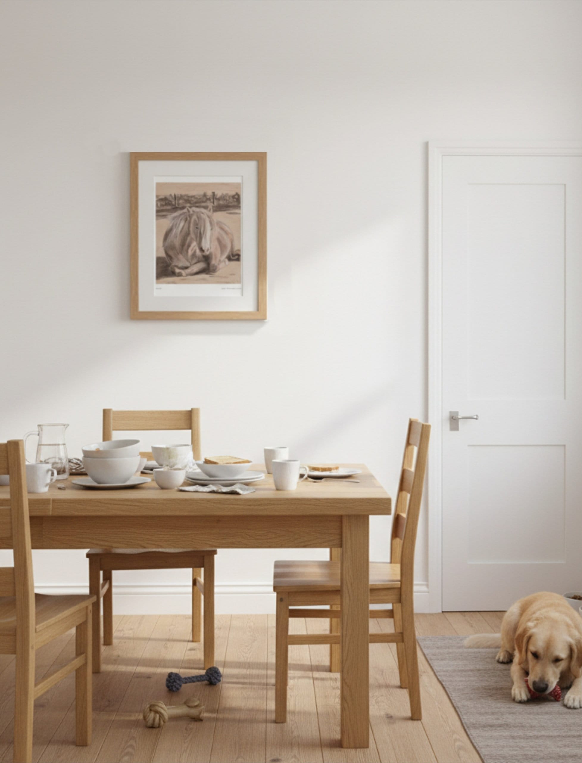 Goldie the Palomino Framed Art Print on a white wall above a dining table and a labrador
