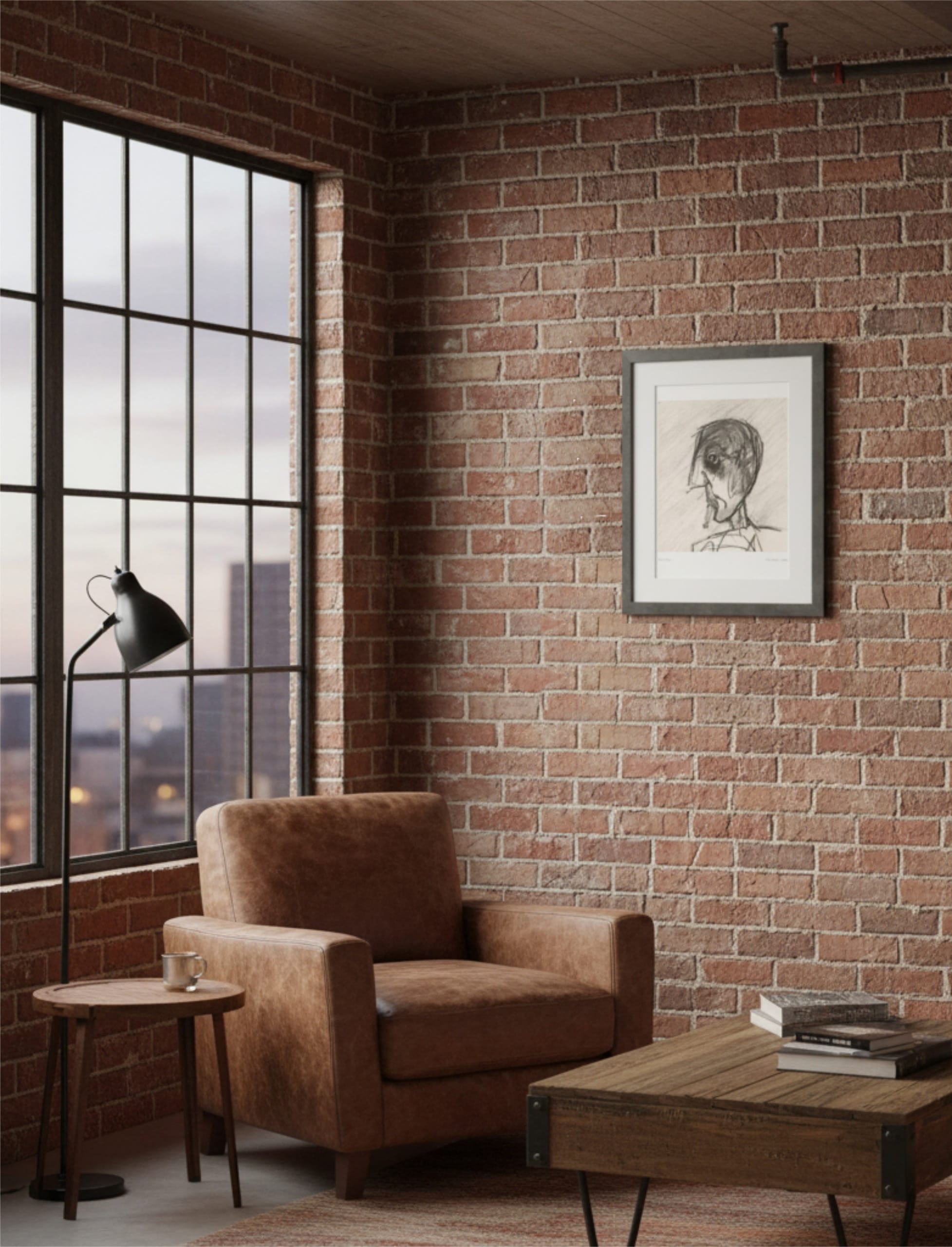 Grey Day Framed Art Print on a brick wall next to a window above an armchair