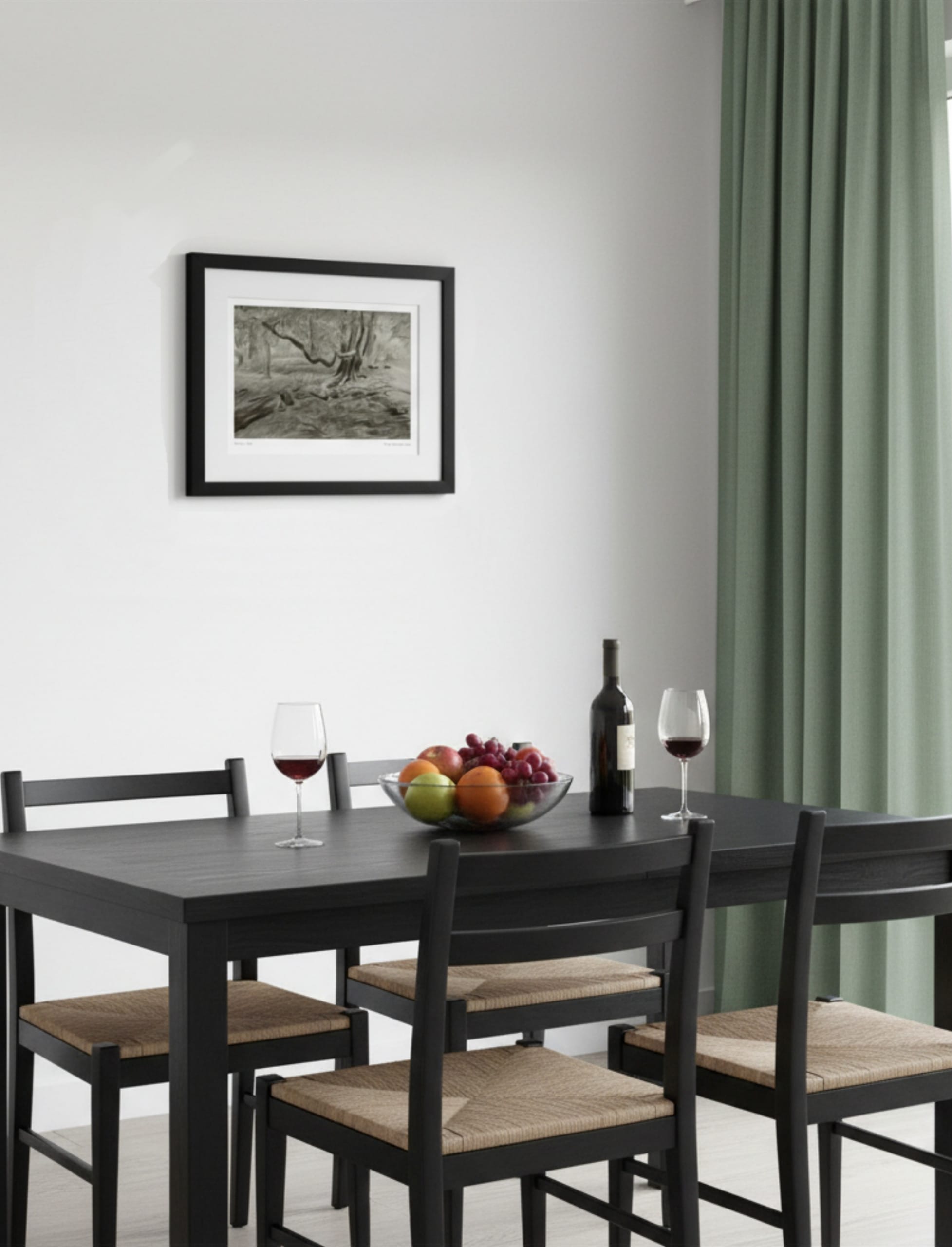 Turner's View Framed Art Print on a wall above a dining table and chairs next to windows with green curtains