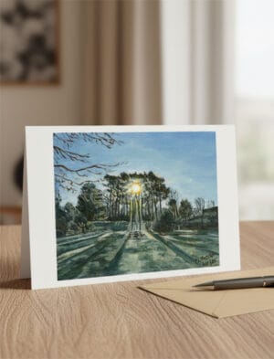 Winter Sun Through trees greetings card