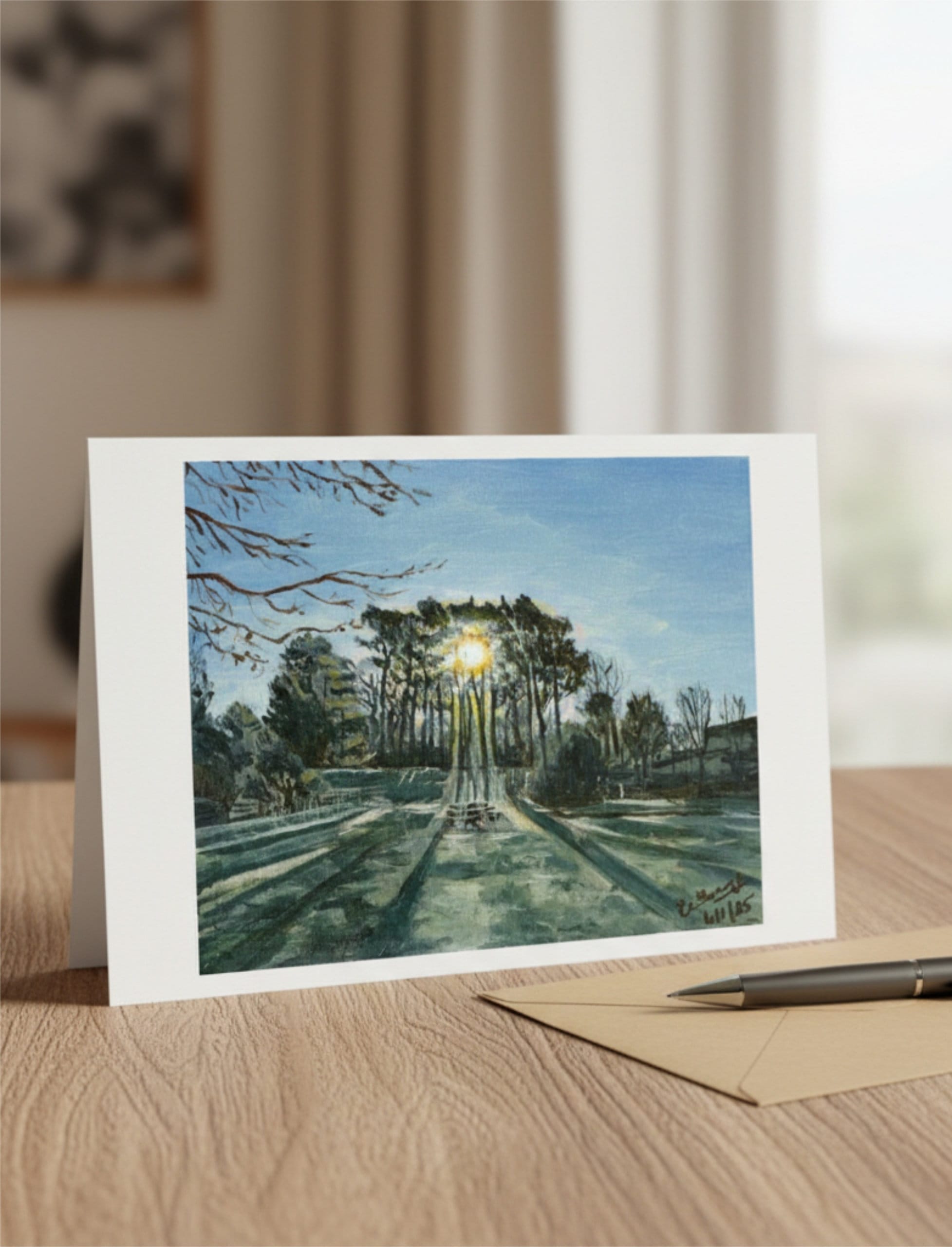 Winter Sun Through trees greetings card